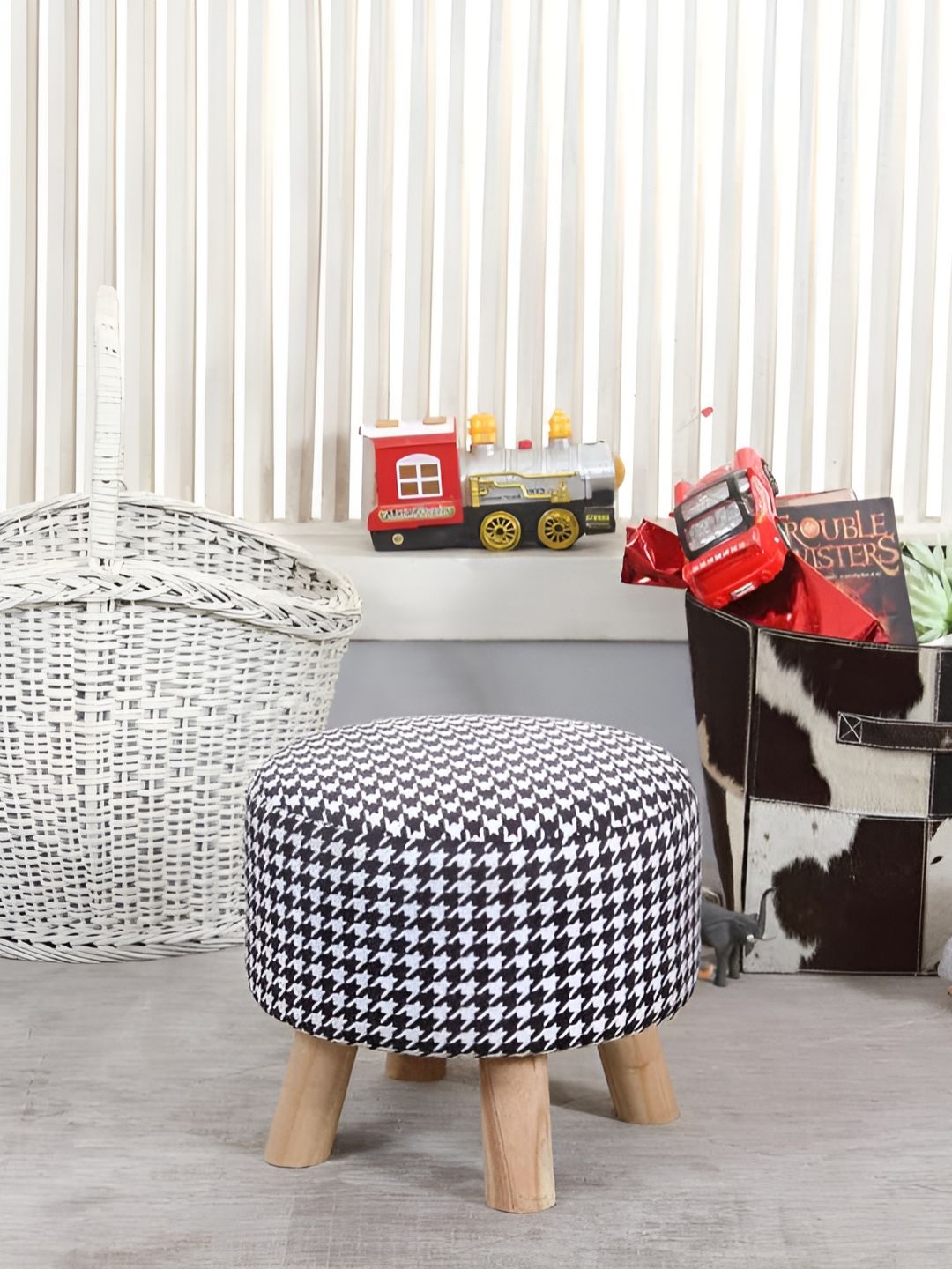 Shadowkart Black & White Wooden Mudda Pouffe Ottoman-image-46