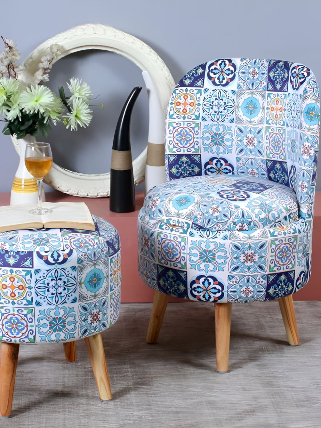 Shadowkart Set Of 2 White & Blue Printed Wooden Velvet Ottomans-picture-35