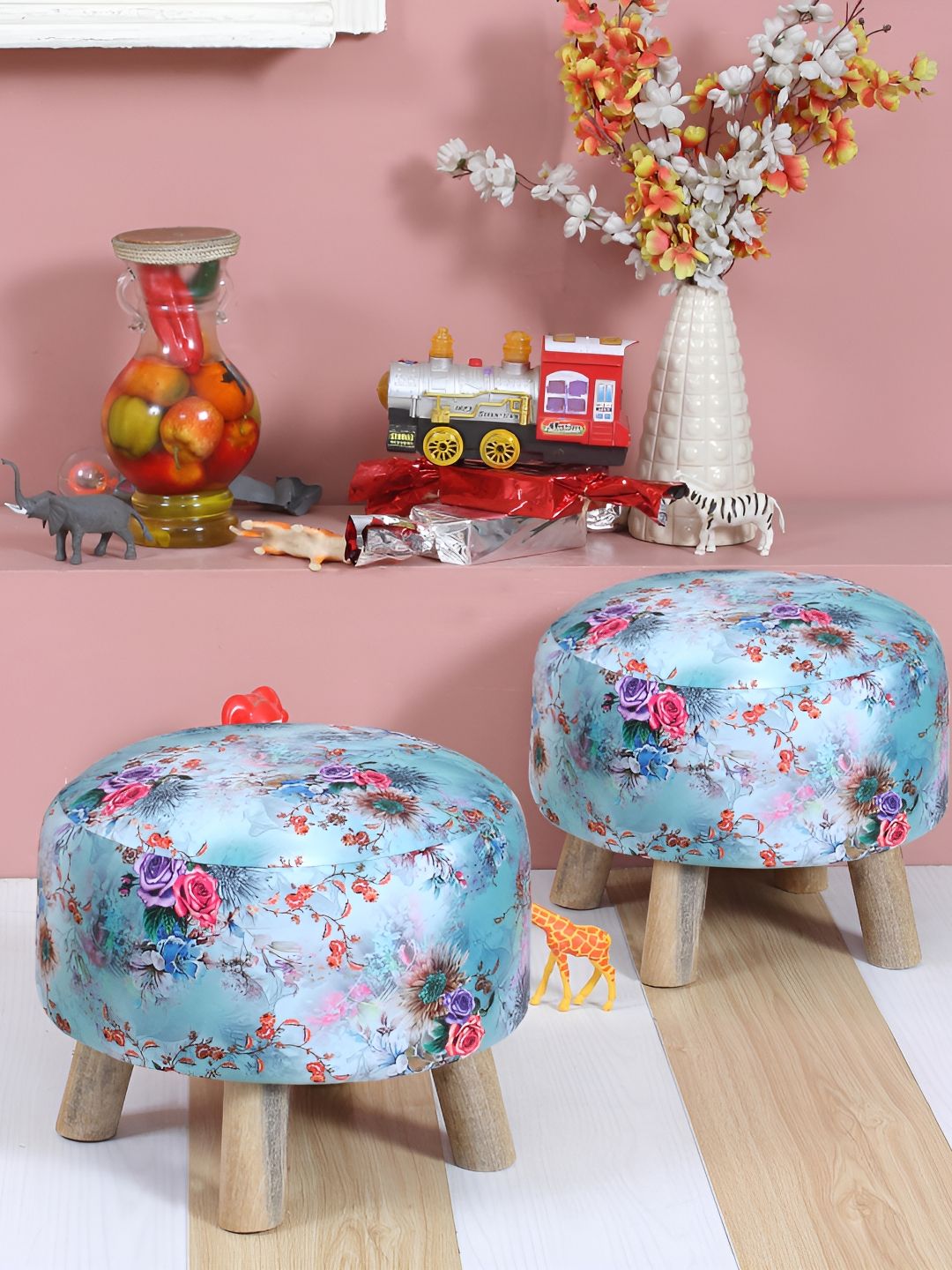 Shadowkart Set Of 2 Blue & Pink Printed Wooden Velvet Ottomans-picture-55