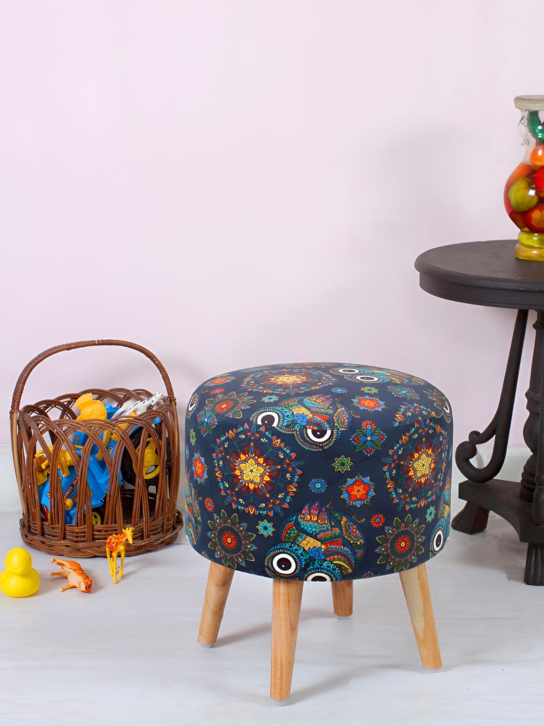 Shadowkart Navy Blue & Red Printed Wooden Round Shaped Ottomans-picture-41