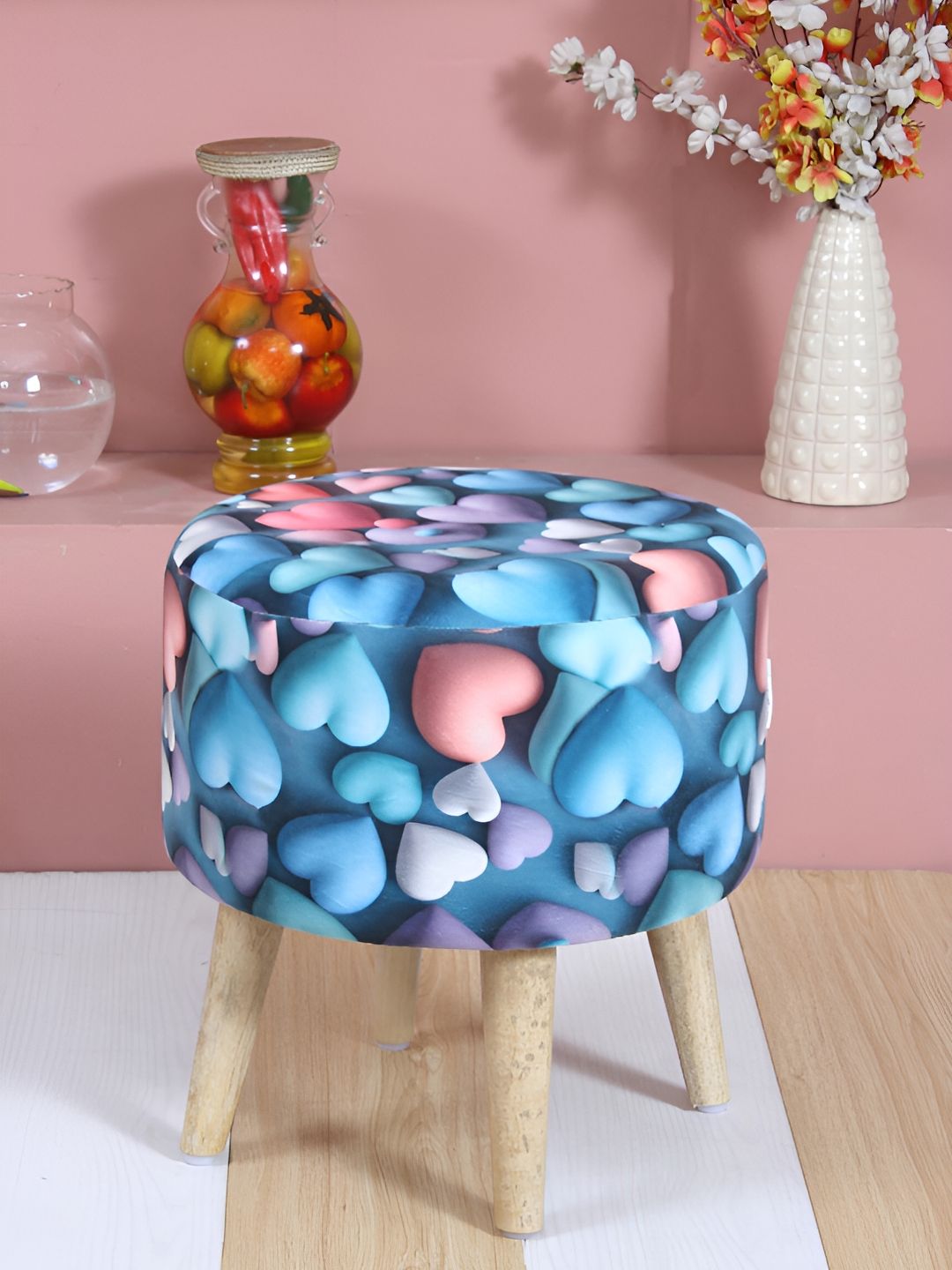 Shadowkart Blue & Pink Graphic Printed Wooden Round Shaped Ottomans-picture-43