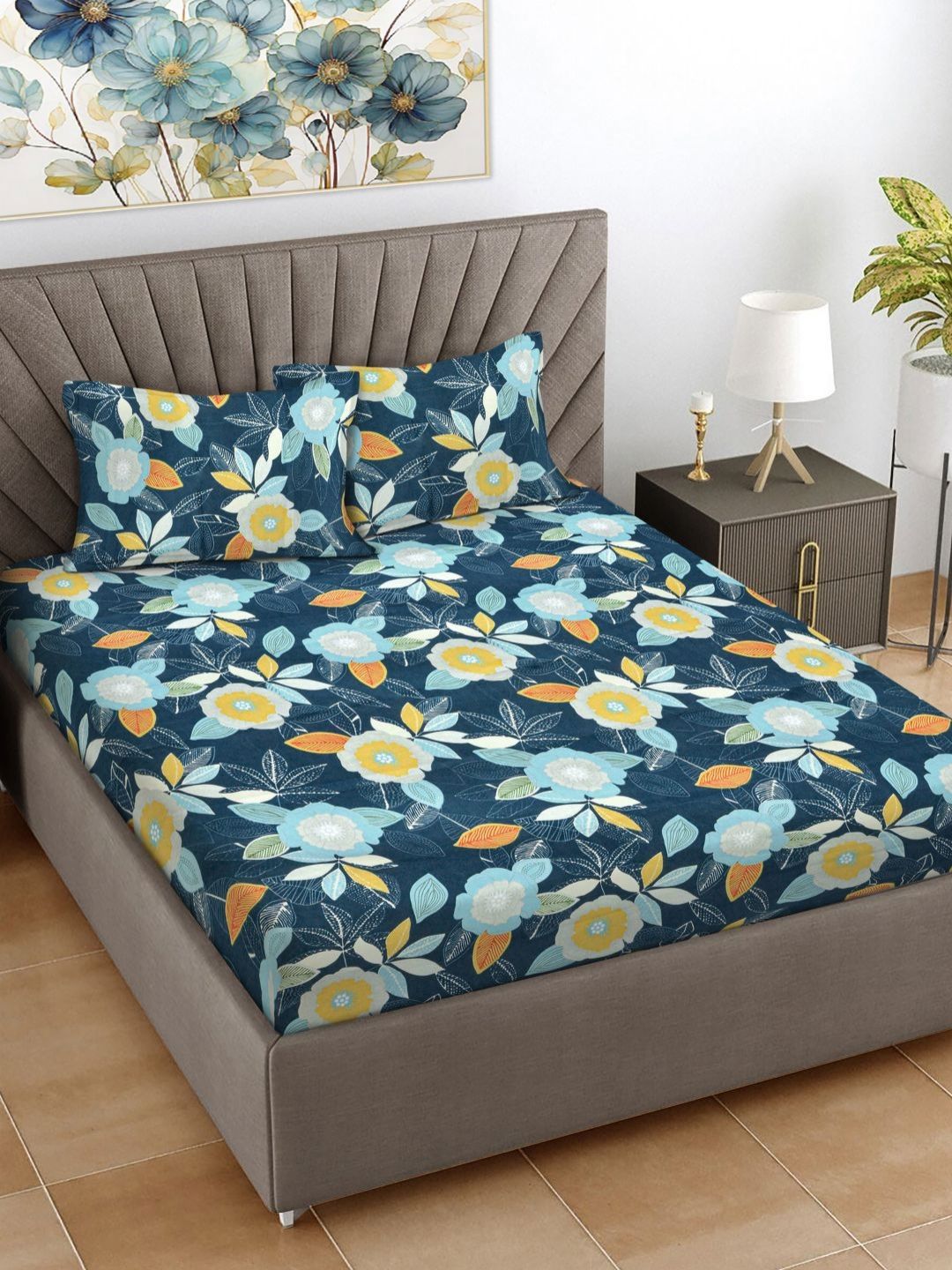 Myntra Elegant Homes Green & White Floral Printed 300 TC King Bedsheet Set 2.50 m X 2.25 m-image-34