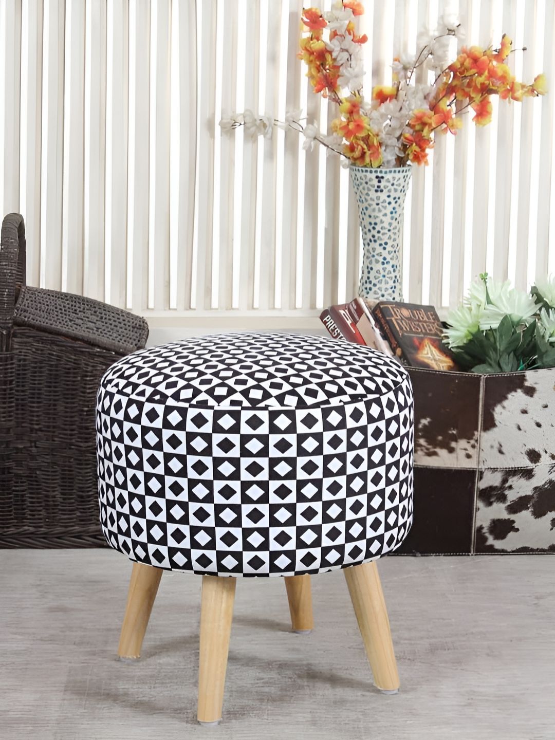 Shadowkart White & Black Printed Wooden Pouffe Ottoman-picture-52