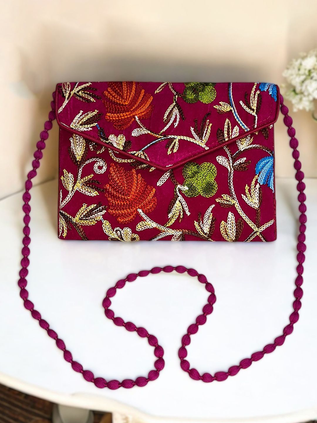 Sutliyan Kashmiri Floral Embroidered Embellished Envelope Clutch With Shoulder Straps-picture-47