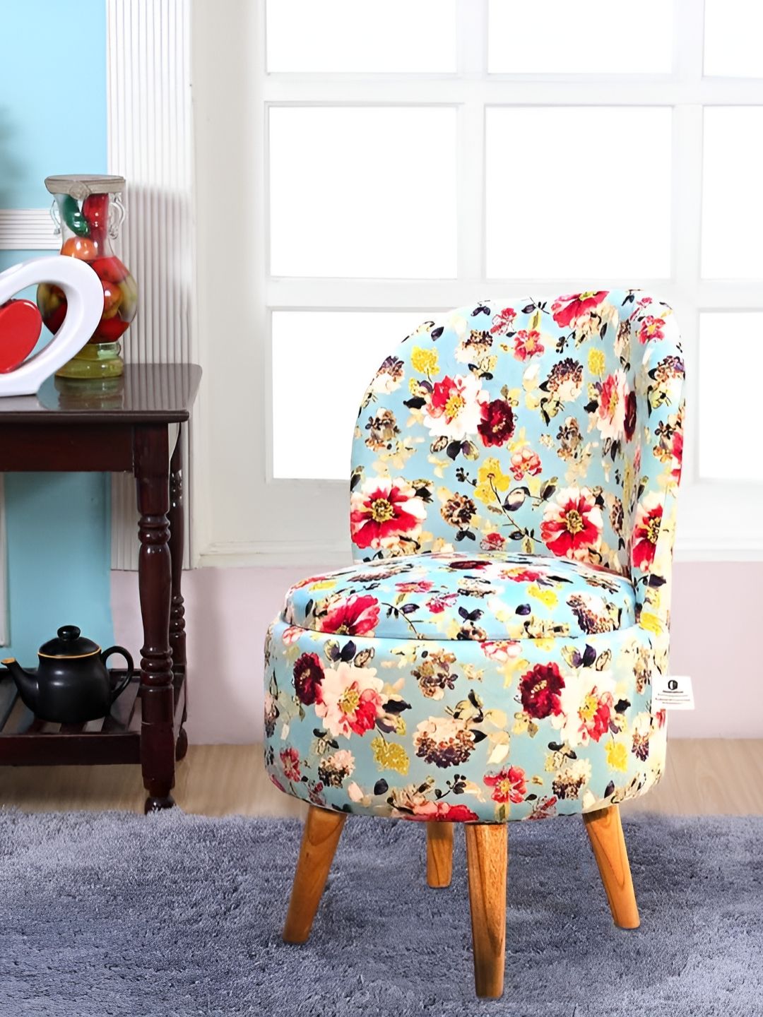 Shadowkart Blue & Red Floral Printed Wooden Cylindrical	 Shaped Ottomans-picture-30
