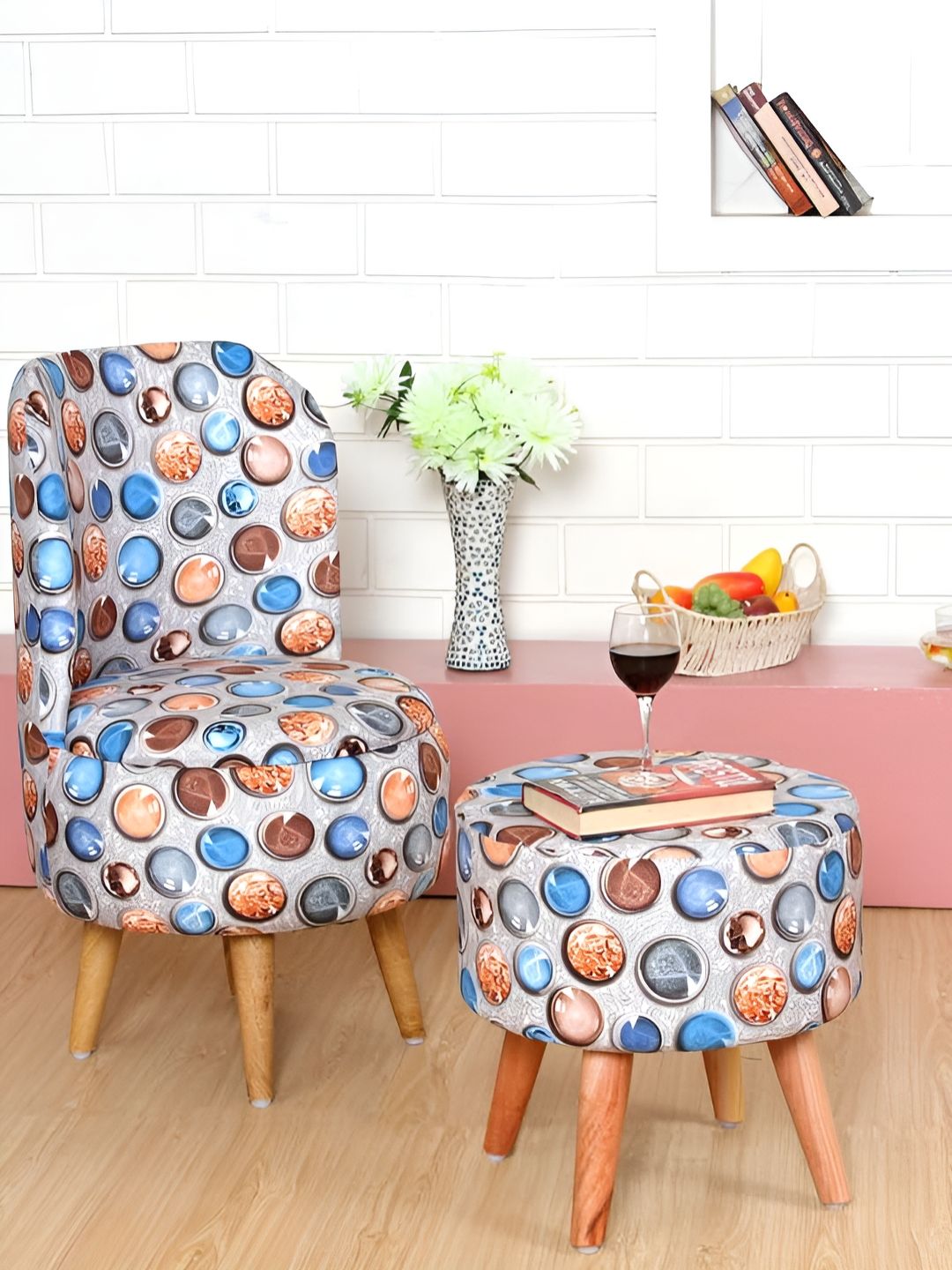 Shadowkart Set Of 2 Blue & Brown Printed Wooden Pouffes Sitting Ottomans-picture-28