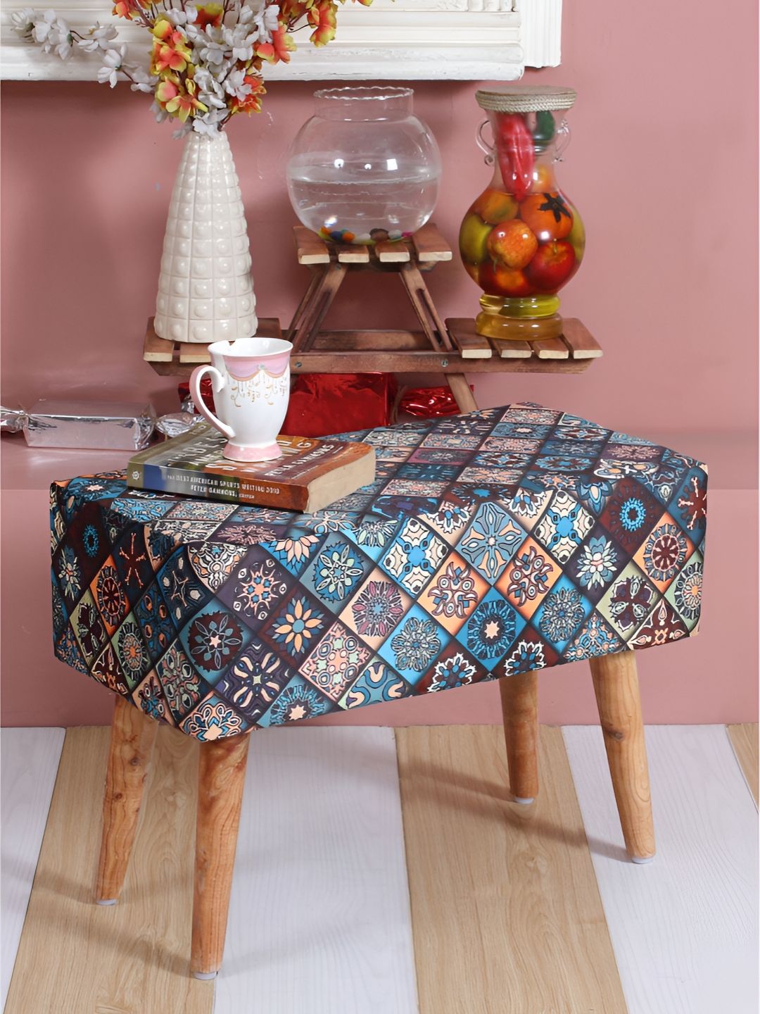 Shadowkart Blue & Brown Printed Wooden Rectangle Shaped Ottomans-picture-15