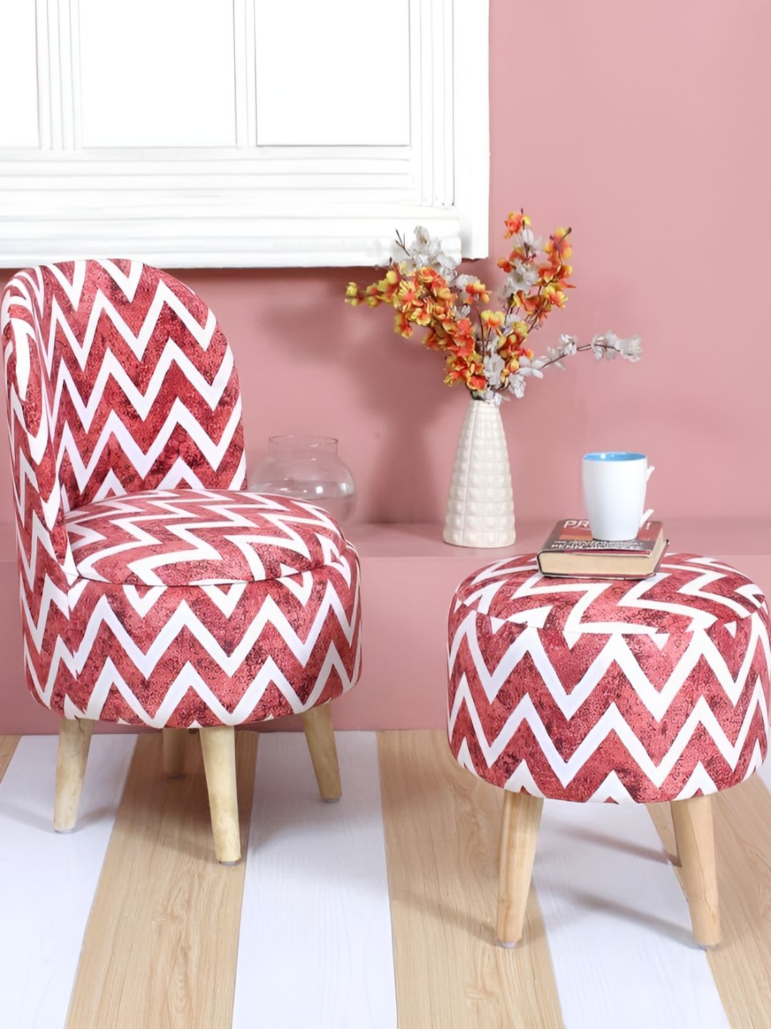 Shadowkart Maroon & White 2 Pieces Printed Wooden Mudda Pouffe Ottoman-image-5
