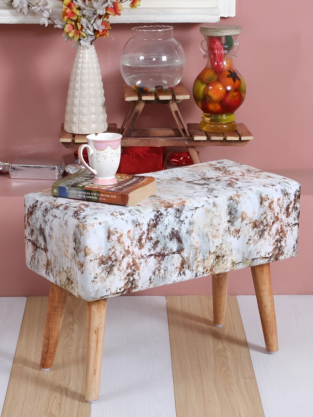 Shadowkart White & Brown Wooden Mudda Pouffe Ottoman-image-7