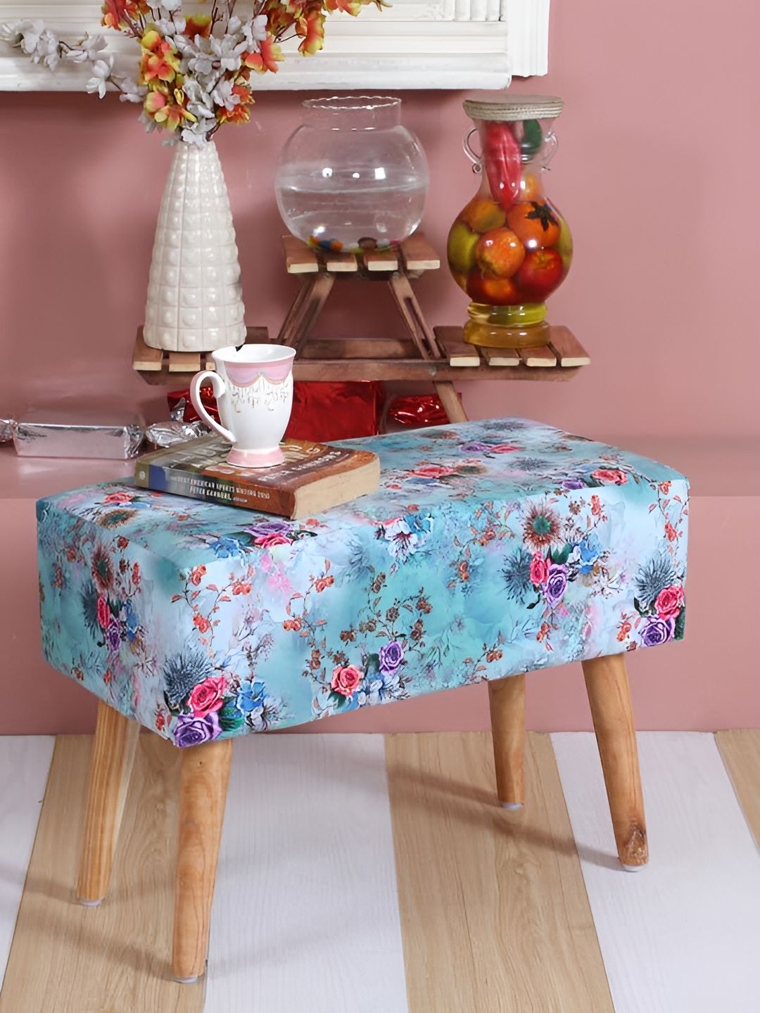 Shadowkart Blue & Pink Printed Wooden Pouffe Mudda Ottoman-picture-35