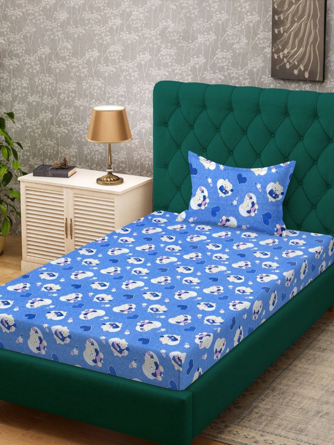 KLOTTHE Blue & White Cartoon Printed Pure Cotton 400 TC Single Bedsheet Set 2.25m x 1.50m-image-24