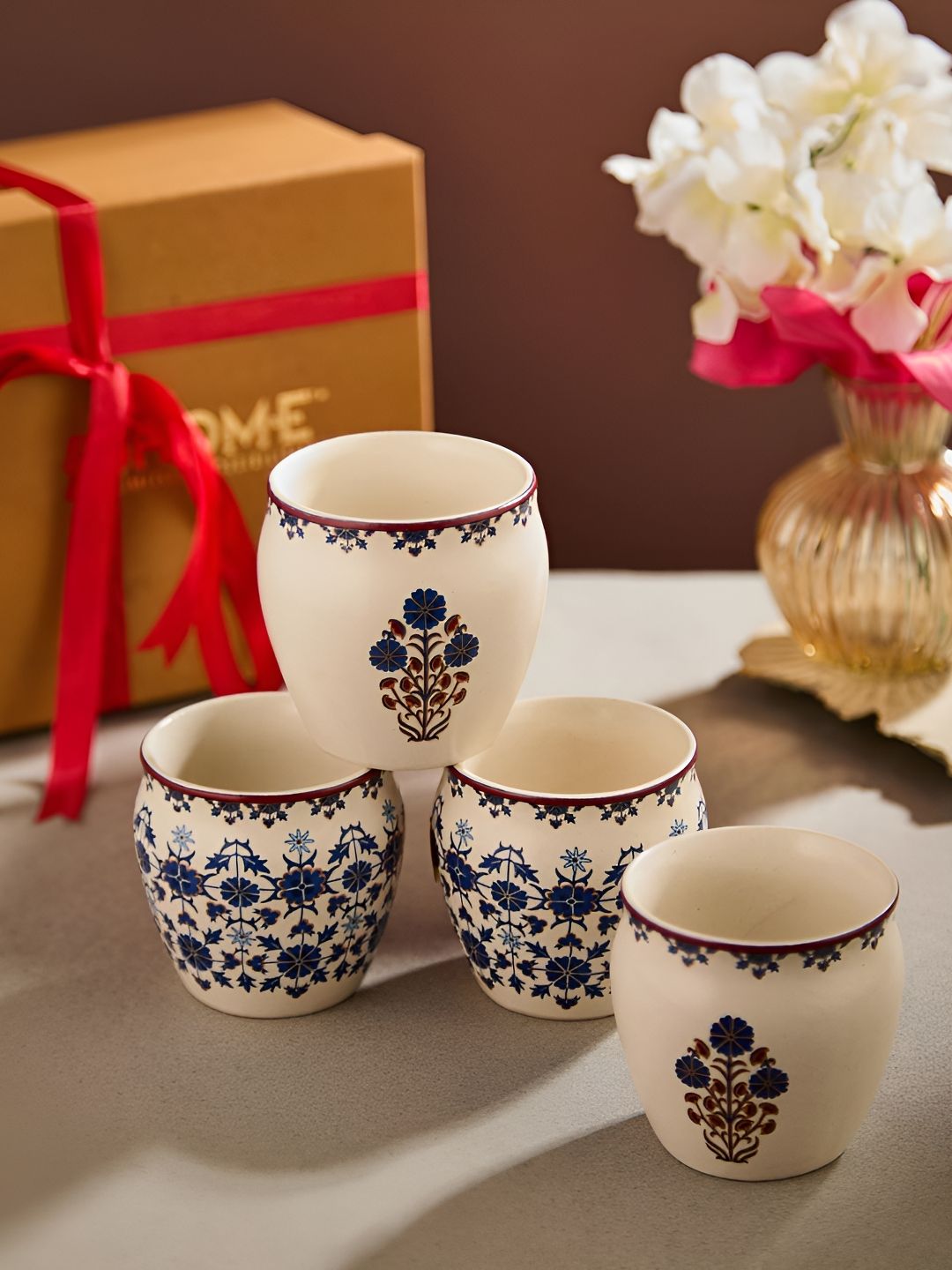 Fabindia White & Blue Printed Ceramic Matte Kulhad Set of Cups and Mugs-picture-11