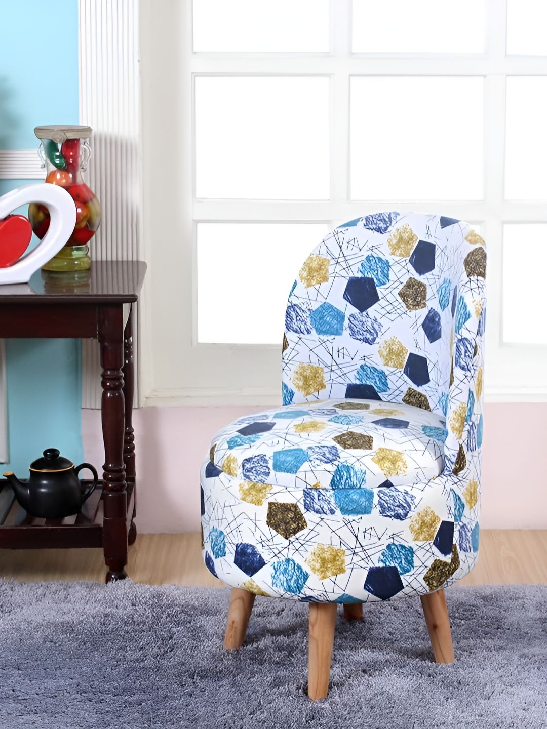 Shadowkart White & Blue Printed Wooden Pouffe Ottoman-picture-23