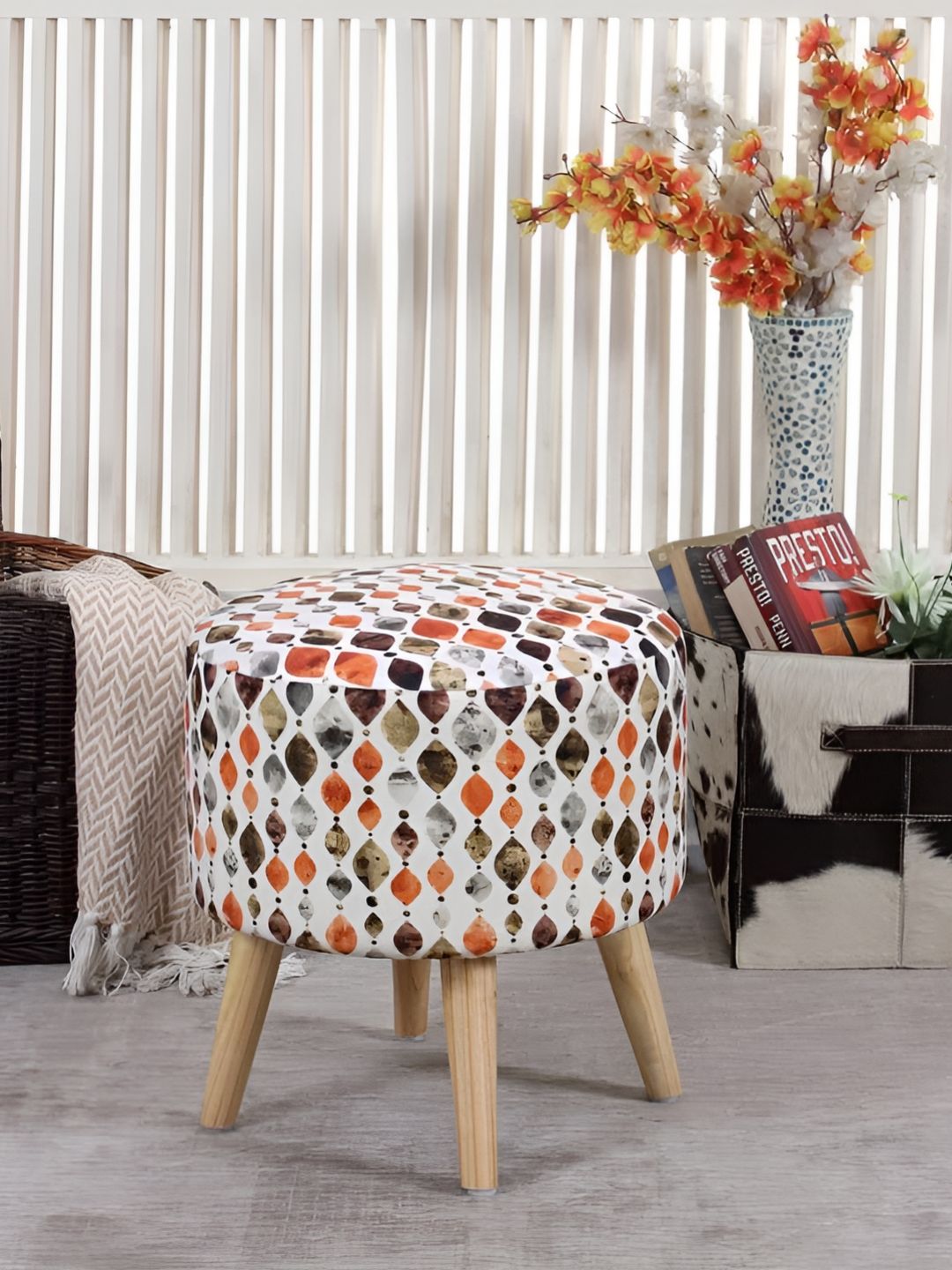 Shadowkart White & Orange-Coloured Printed Wooden Ottomans-picture-15