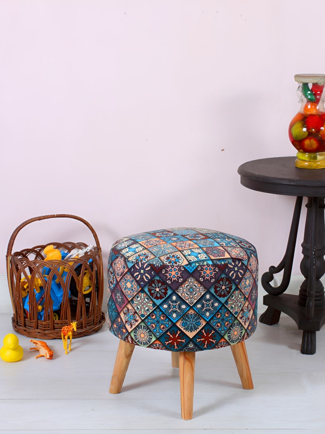 Shadowkart Blue & Brown Printed Wooden Round Shaped Ottomans-picture-27