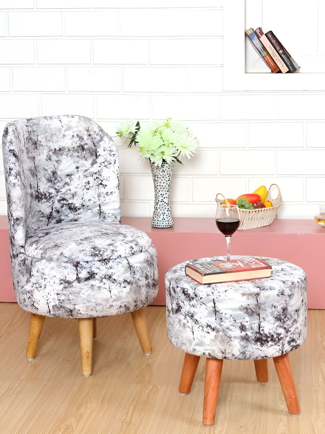 Shadowkart 2 Pcs White & Black Printed Wooden Pouffe Ottoman-picture-16