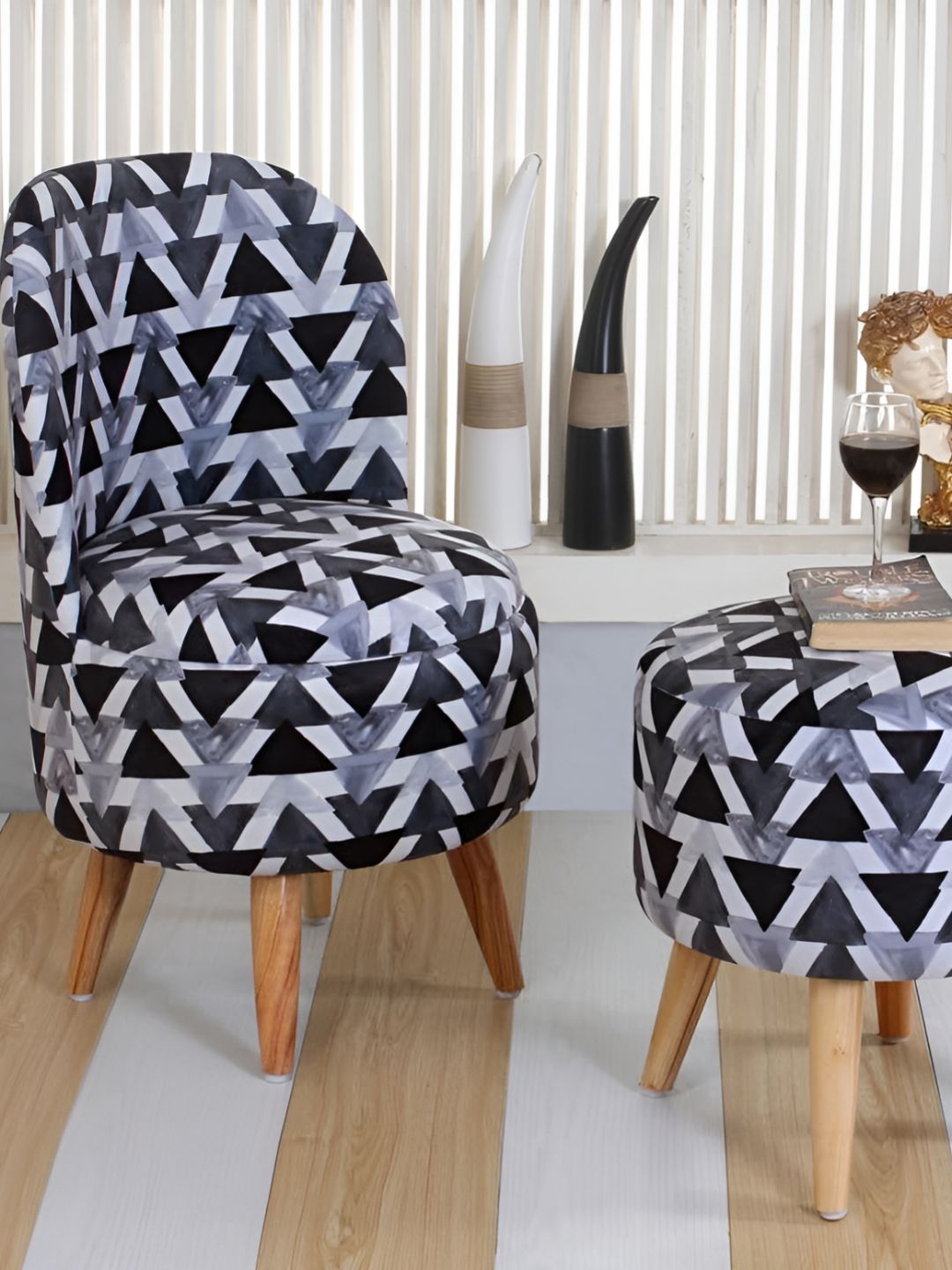 Shadowkart Set Of 2 Black & Grey Printed Wooden Pouffes Sitting Ottomans-picture-35