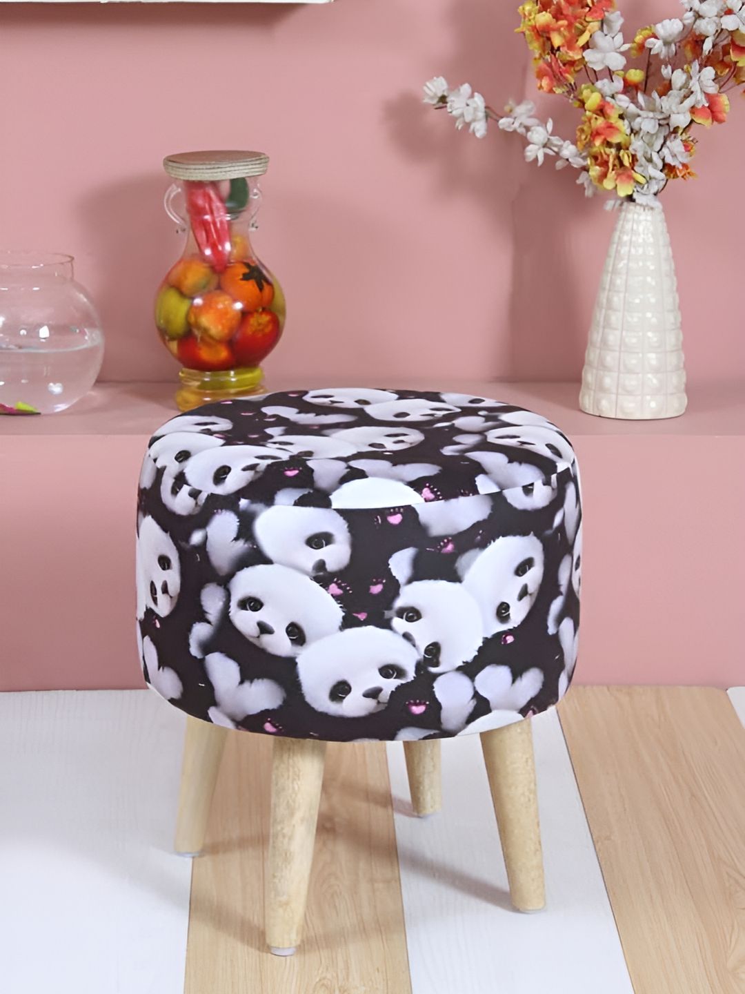 Shadowkart White & Black Printed Wooden Pouffe Ottoman-picture-37