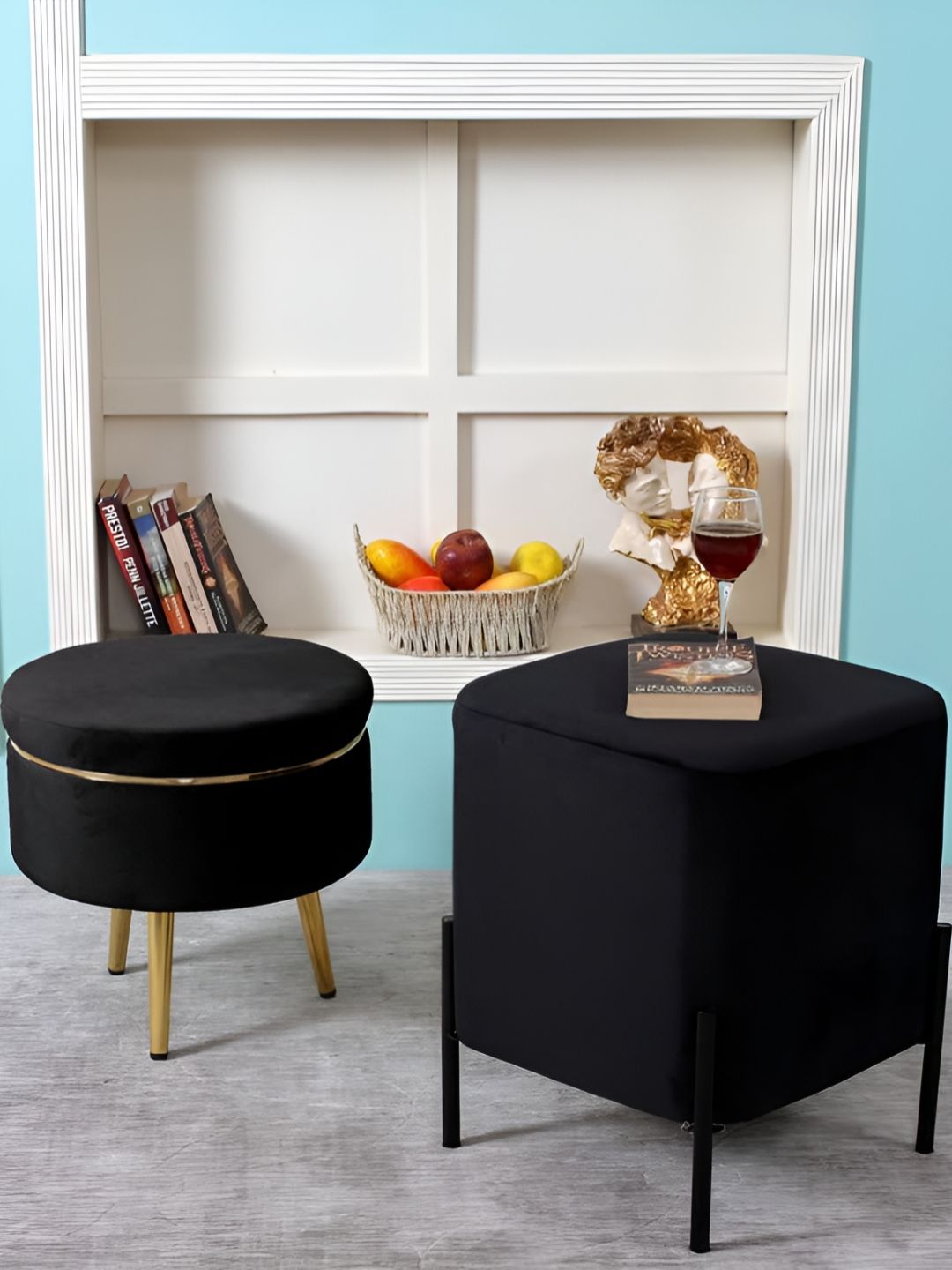 Shadowkart Set Of 2 Black Sitting Mudda Puffy Stool Dinning Ottomans-picture-53