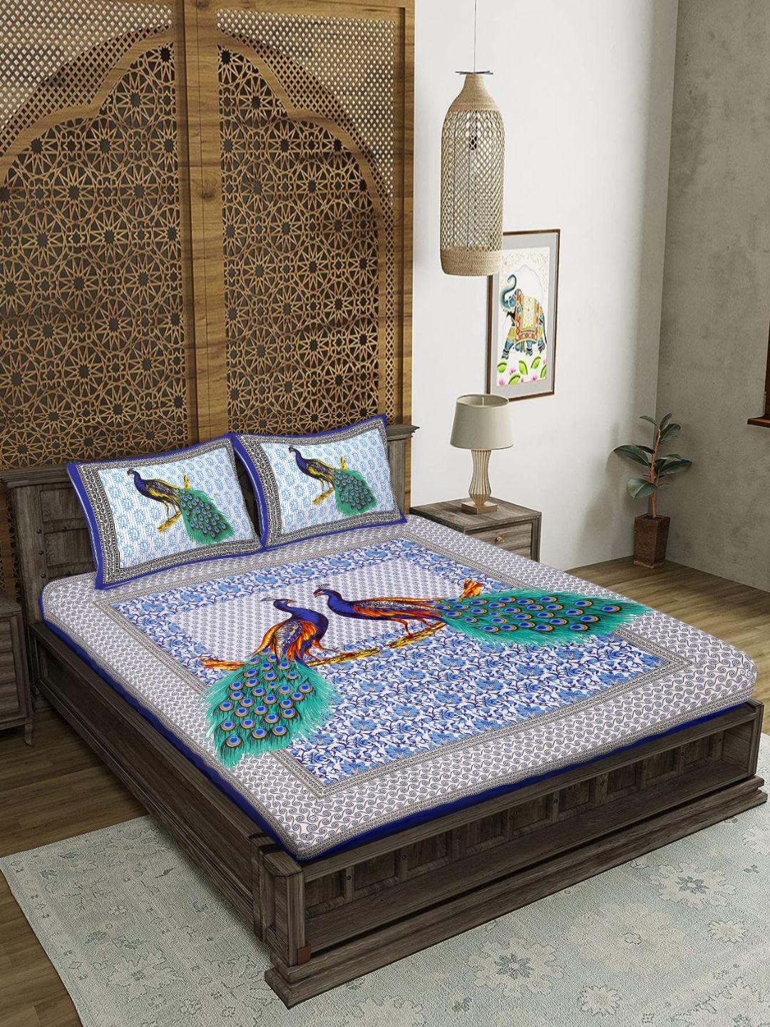 MAGICAL White & Blue Floral 104 TC Queen Bedsheet with 2 Pillow Covers-picture-48
