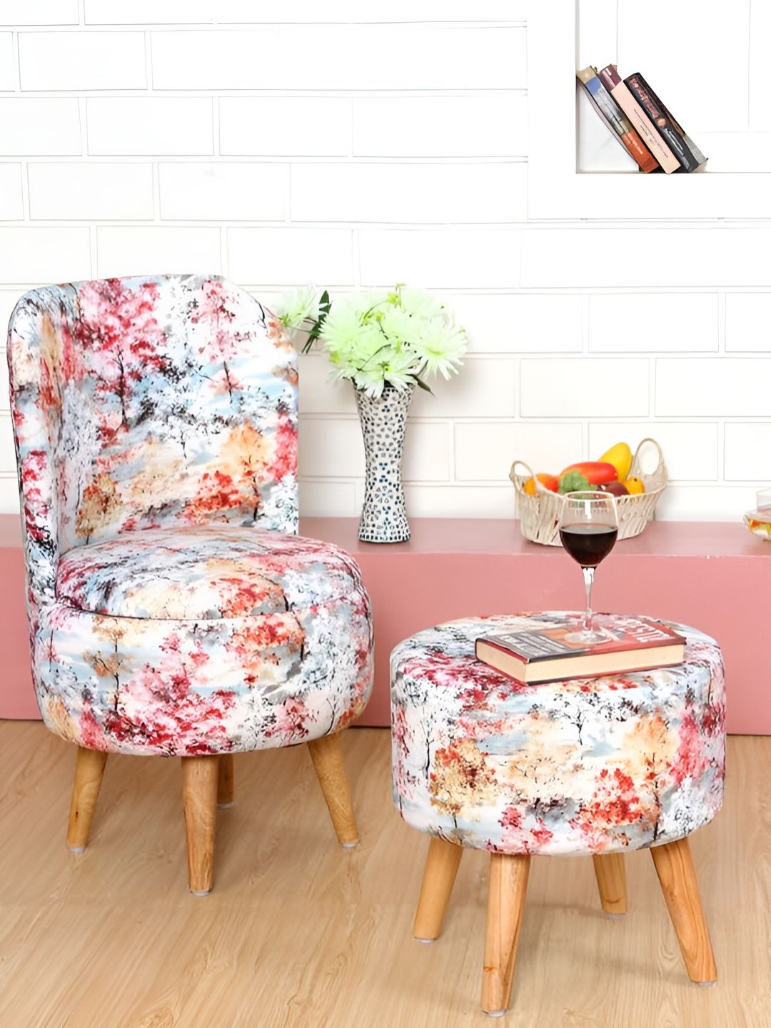 Shadowkart Set Of 2 White & Red Printed Wooden Ottomans-picture-13