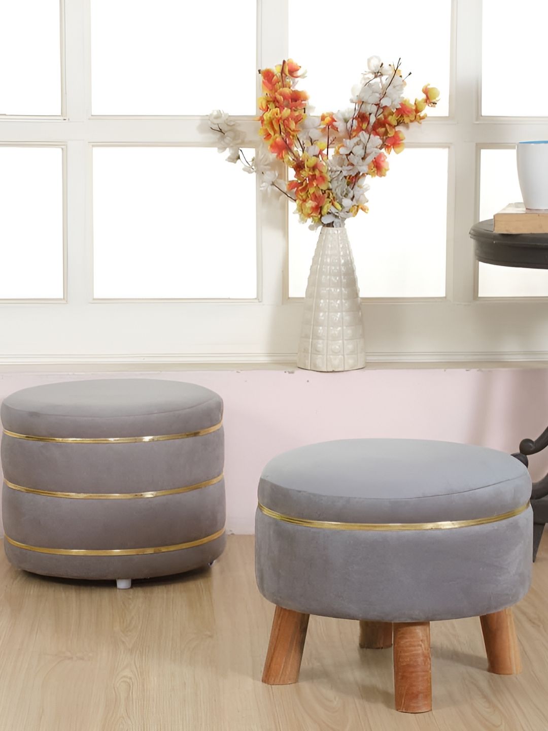 Shadowkart Set Of 2 Grey & Beige Pouffe Stool Ottomans-picture-26