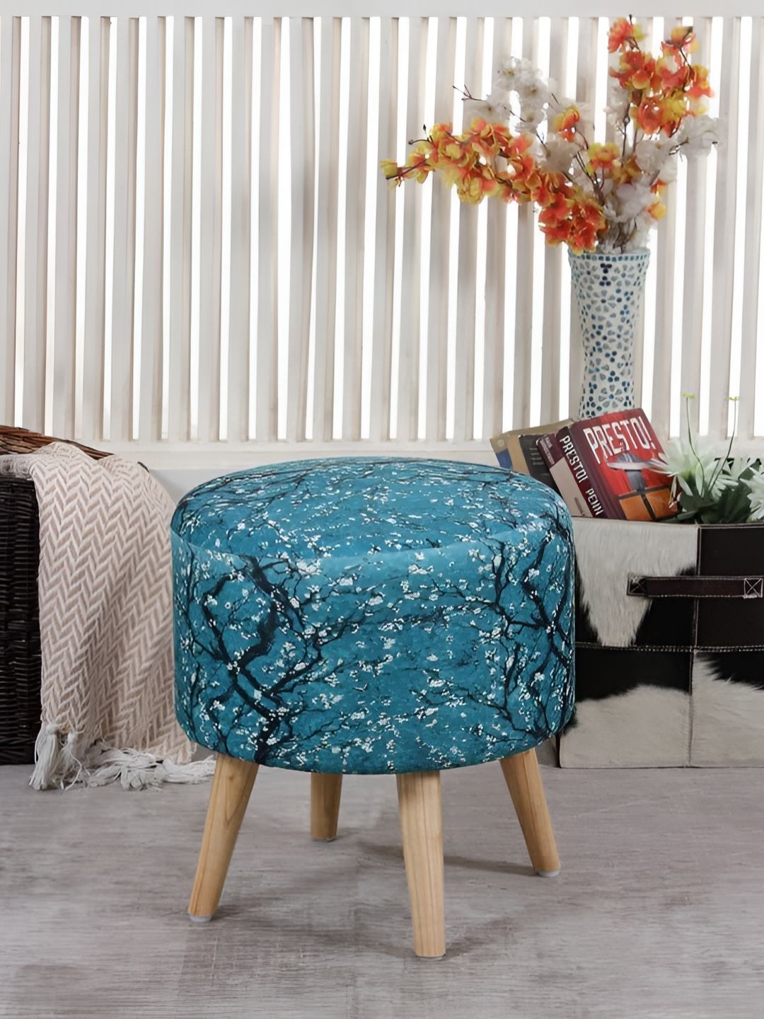 Shadowkart Blue & Black Wooden Mudda Pouffe Ottoman-picture-39