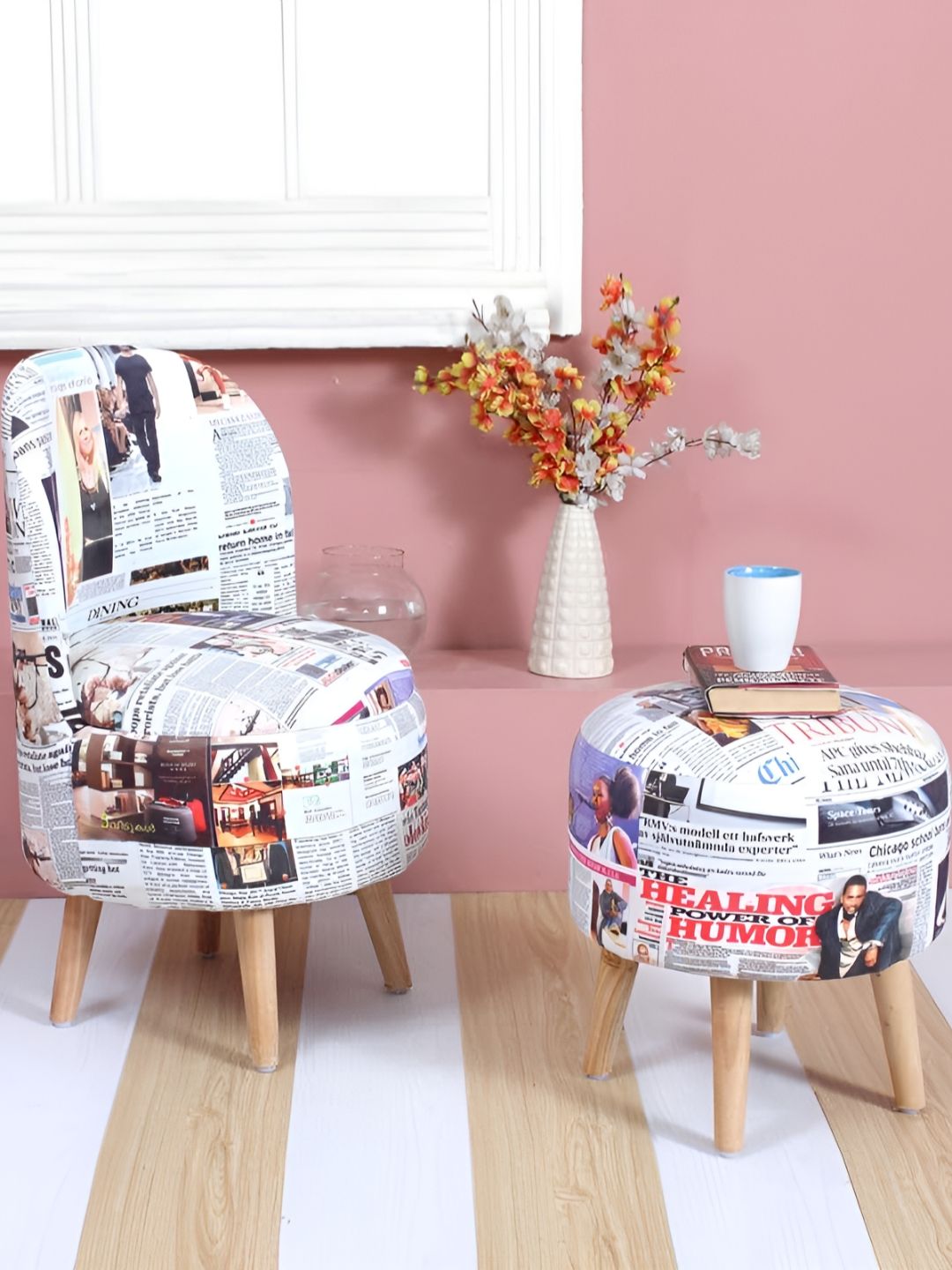 Shadowkart Set Of 2 White & Brown Printed Wooden Velvet Ottomans-picture-19