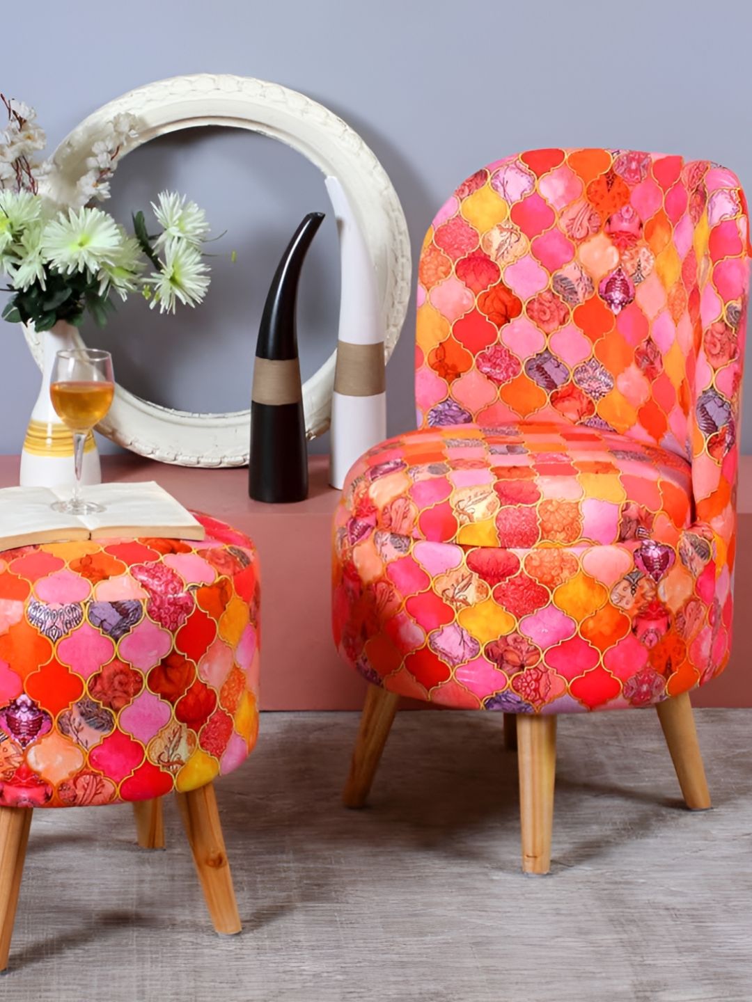 Shadowkart Set Of 2 Orange & Pink Printed Wooden Pouffes Sitting Ottomans-picture-20