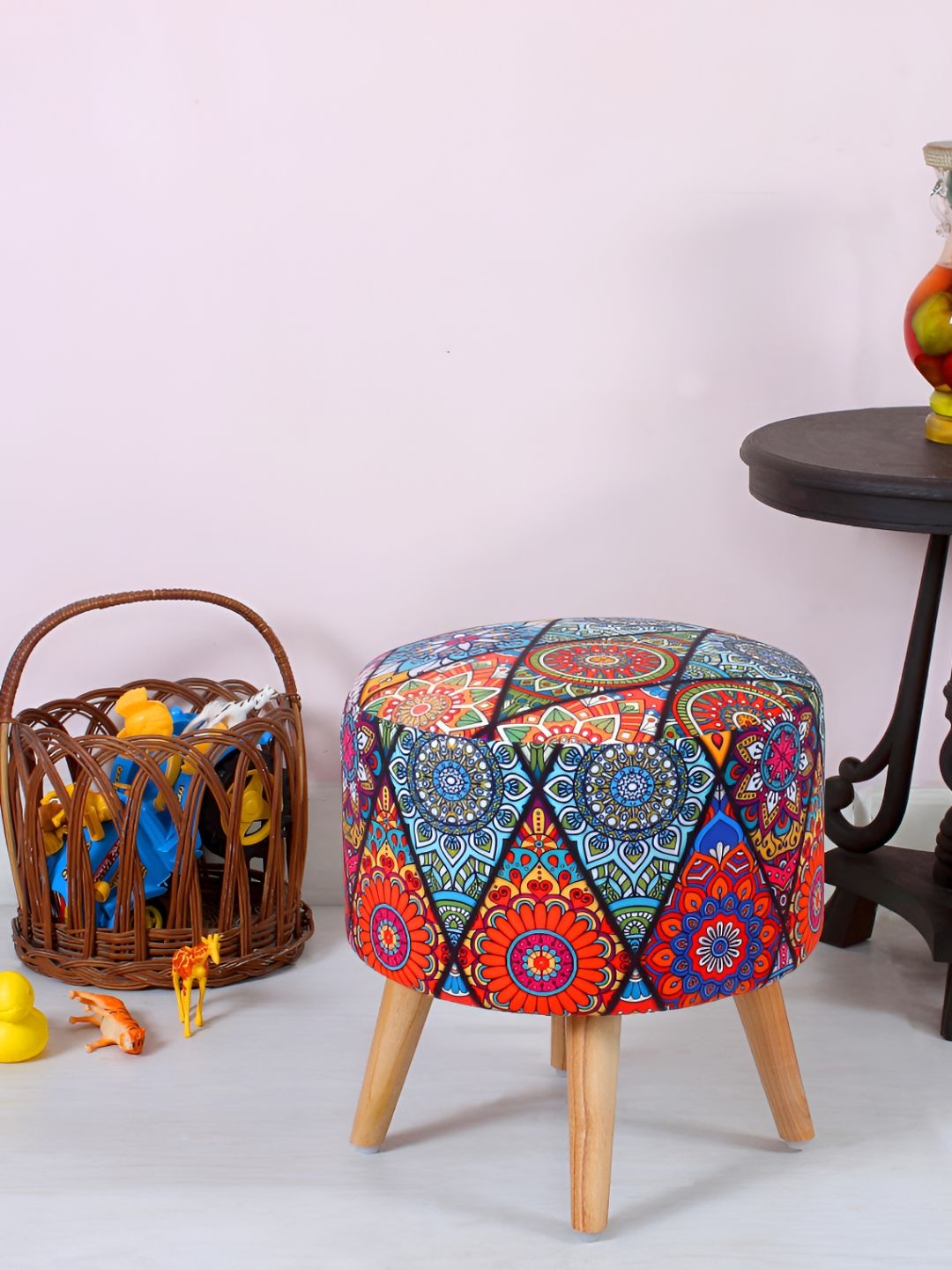 Shadowkart Red & Blue Printed Wooden Round Shaped Ottomans-image-34