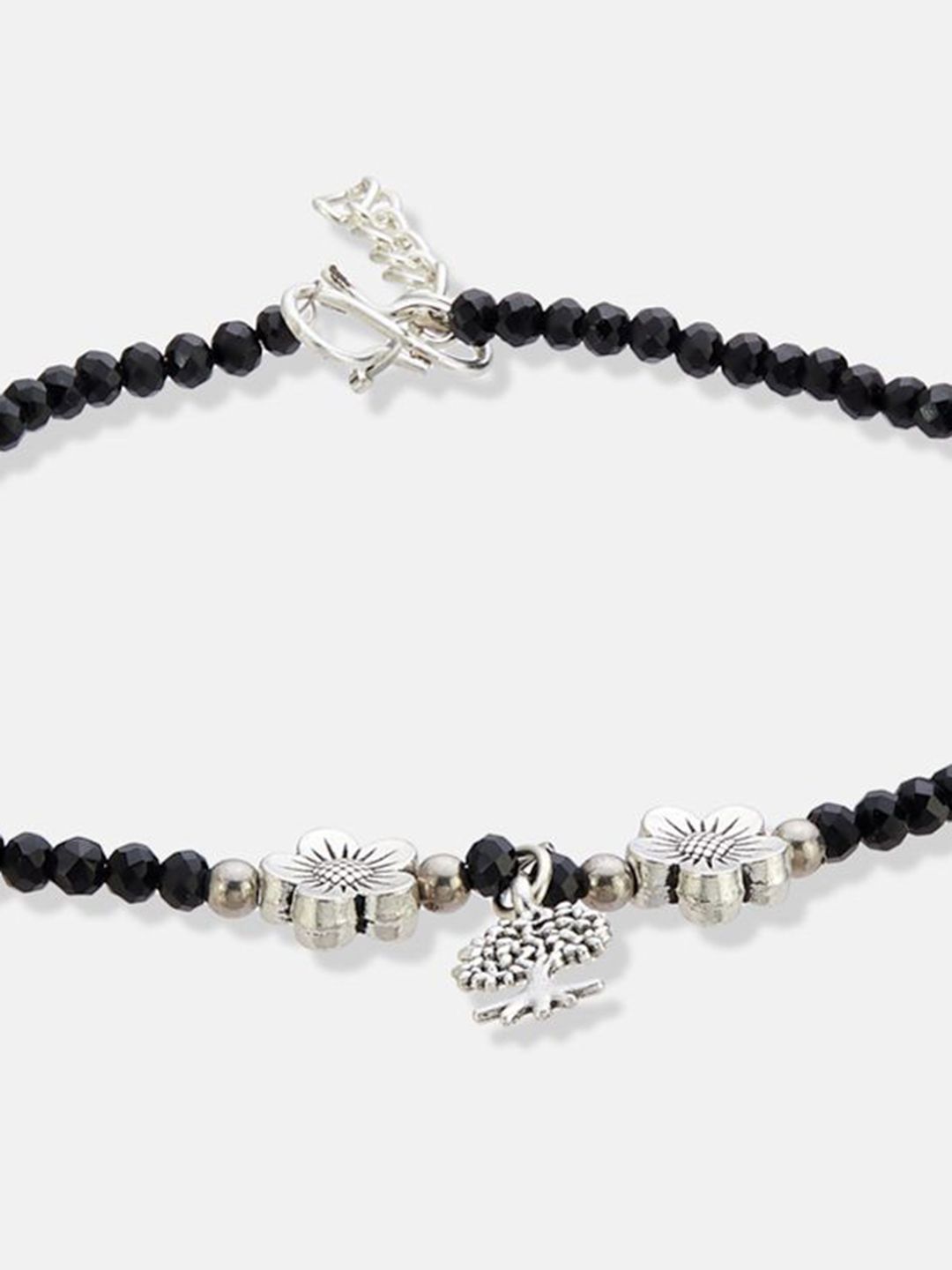 ATIBELLE Set Of 2  Silver-Plated Artificial Stones Studded And Beaded Anklet