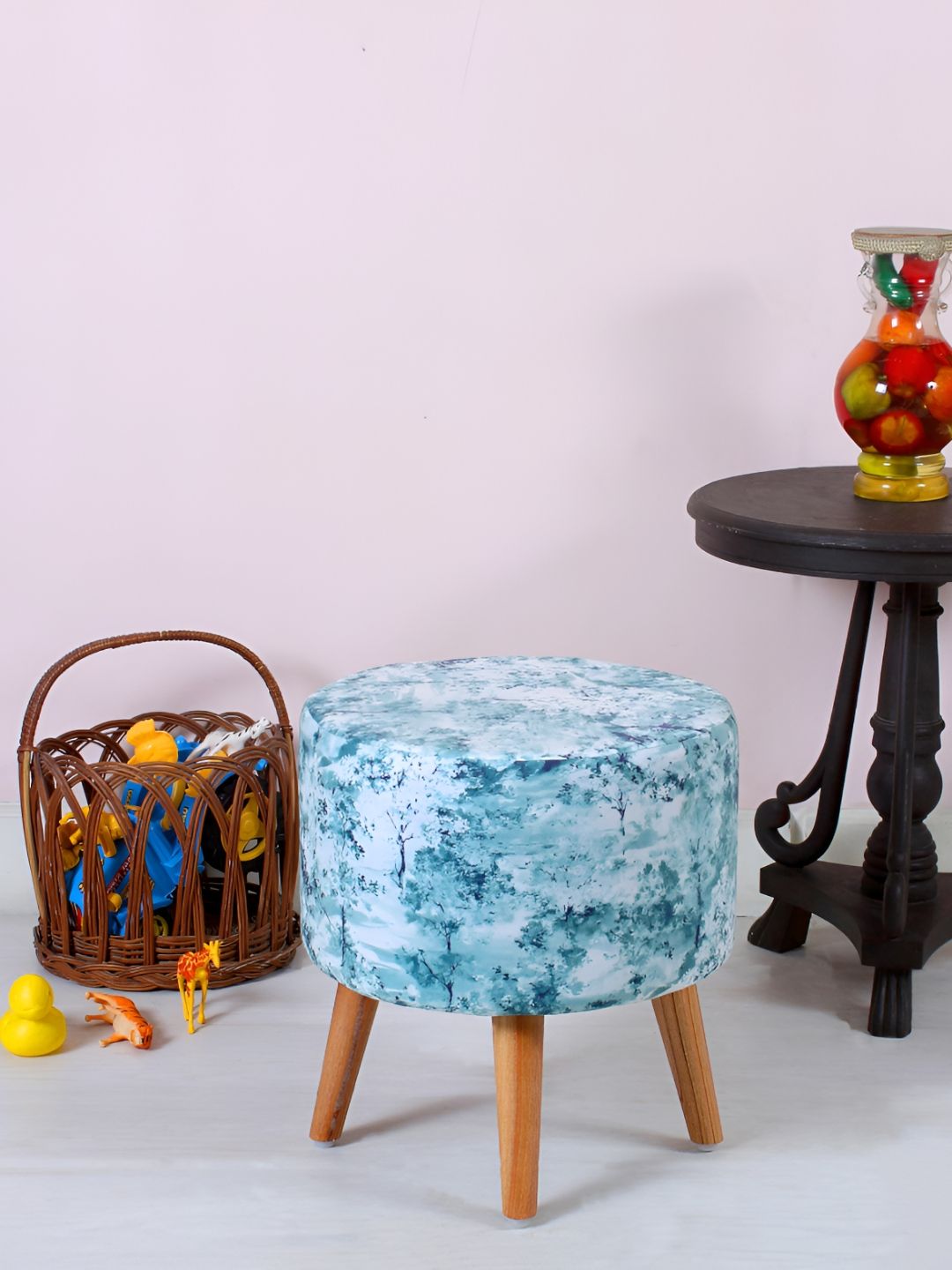 Shadowkart White & Blue Printed Wooden Pouffe Ottoman-picture-19