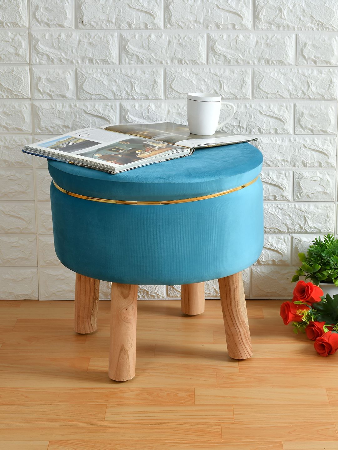 Shadowkart Blue & Gold-Toned Wooden Mudda Pouffe Ottoman-picture-27