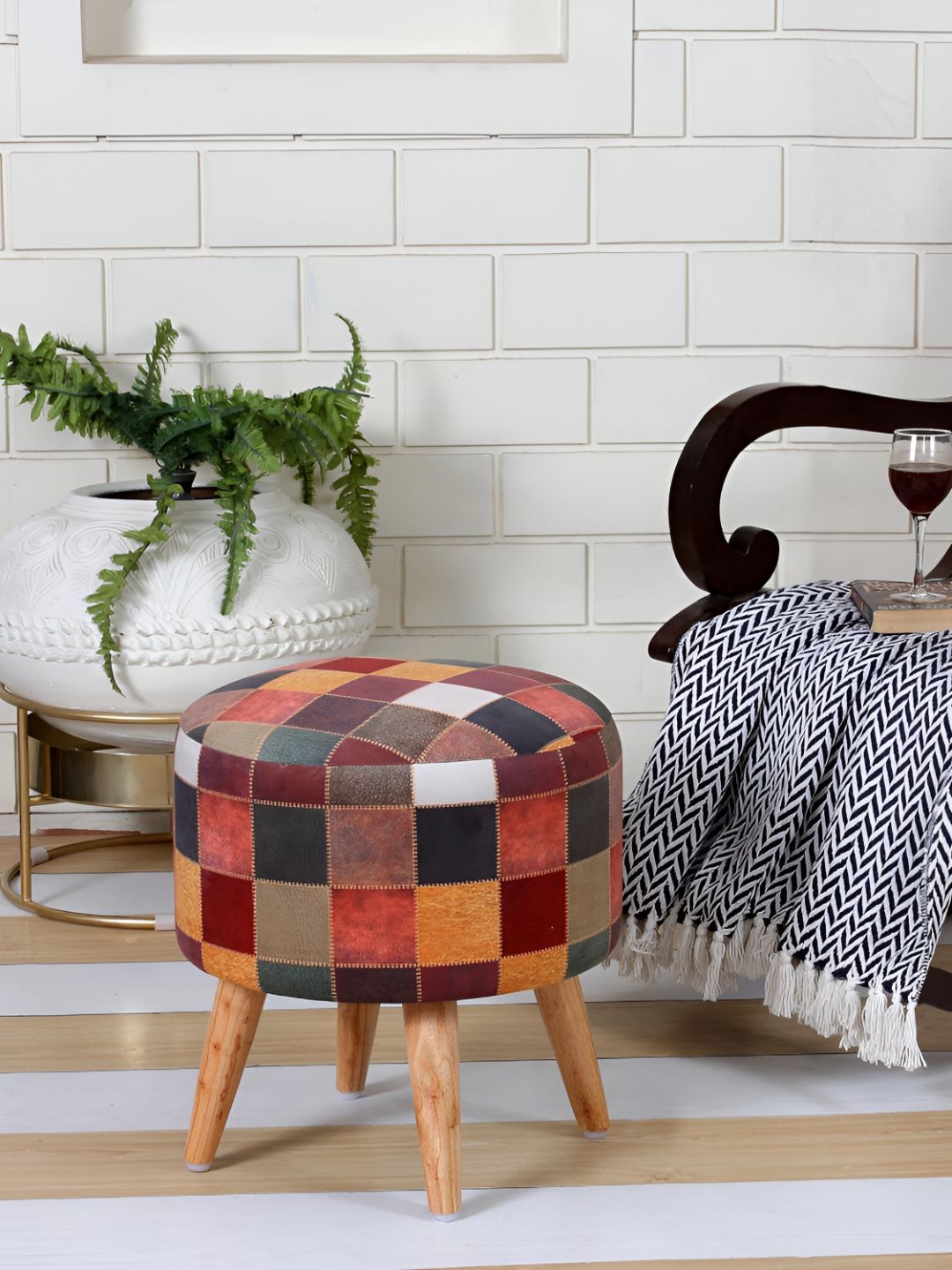 Shadowkart Maroon & Blue Wooden Mudda Pouffe Ottoman-image-12