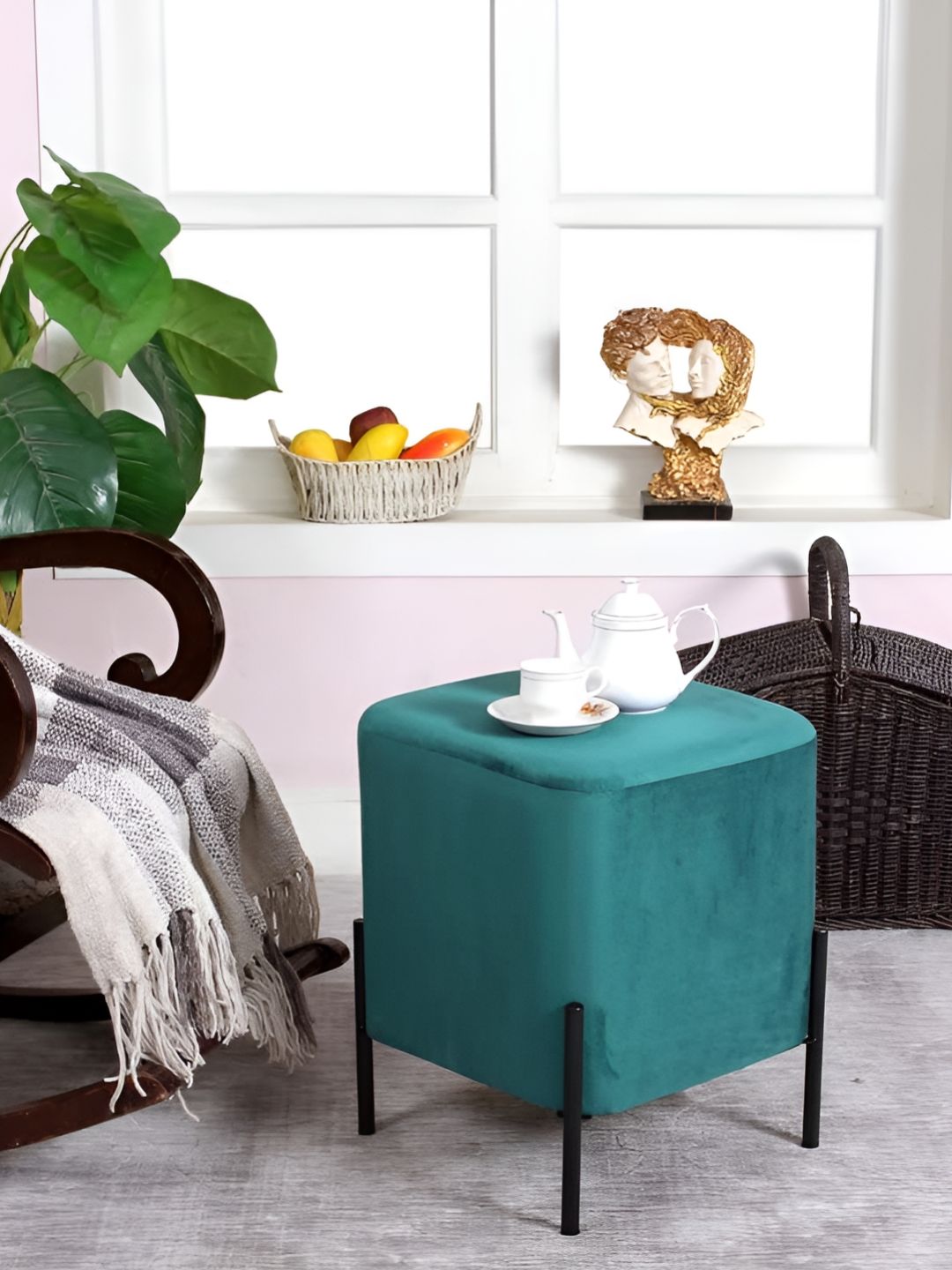 Shadowkart Seagreen Wooden Mudda Pouffe Ottoman-image-36