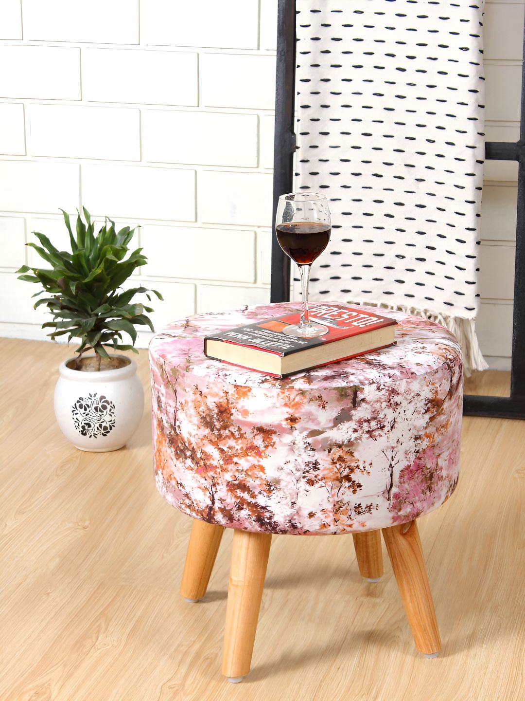 Shadowkart Yellow & Orange Printed Wooden Round Shaped Ottomans-picture-56