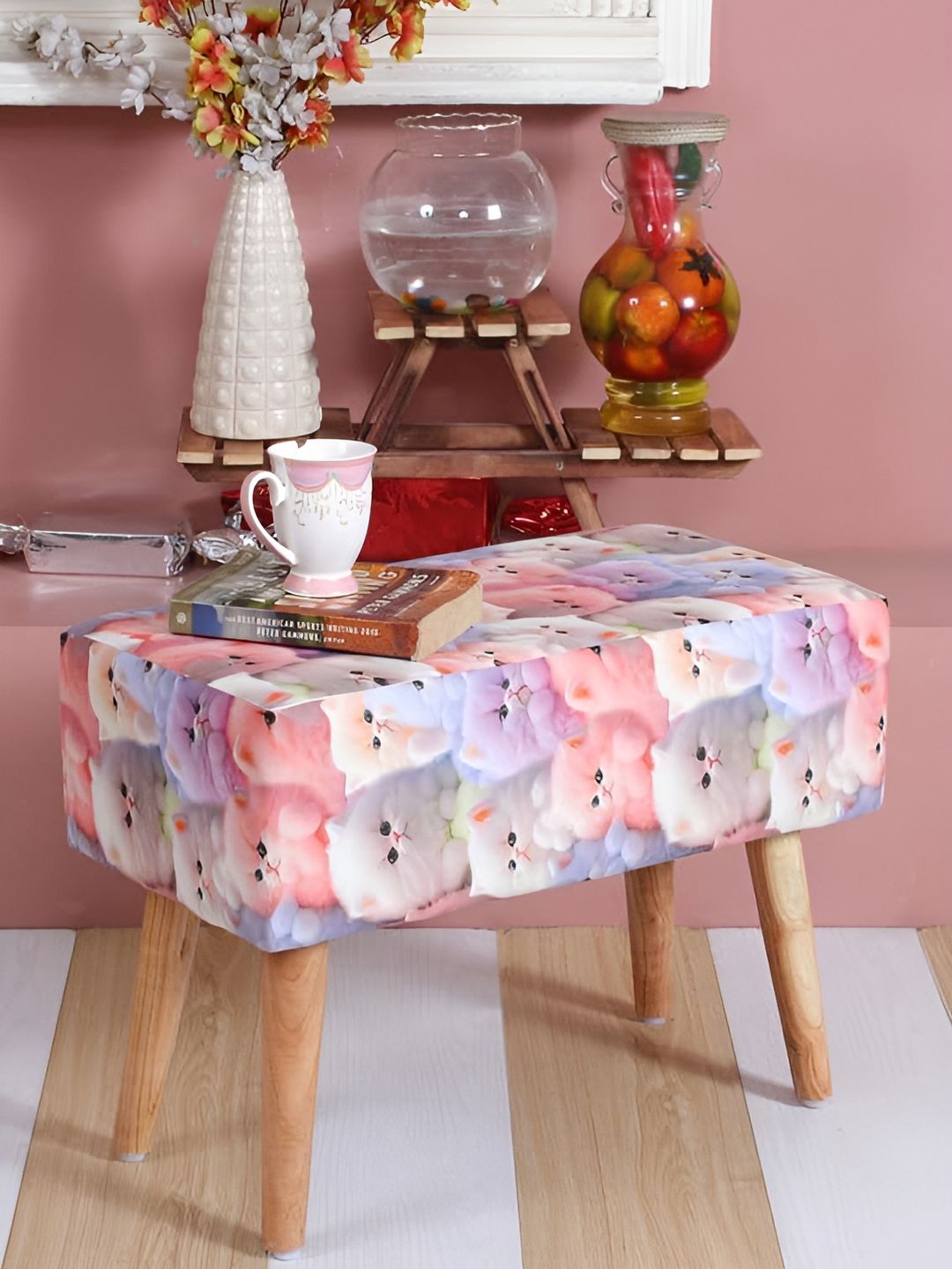 Shadowkart Pink & Blue Wooden Mudda Pouffe Ottoman-image-48