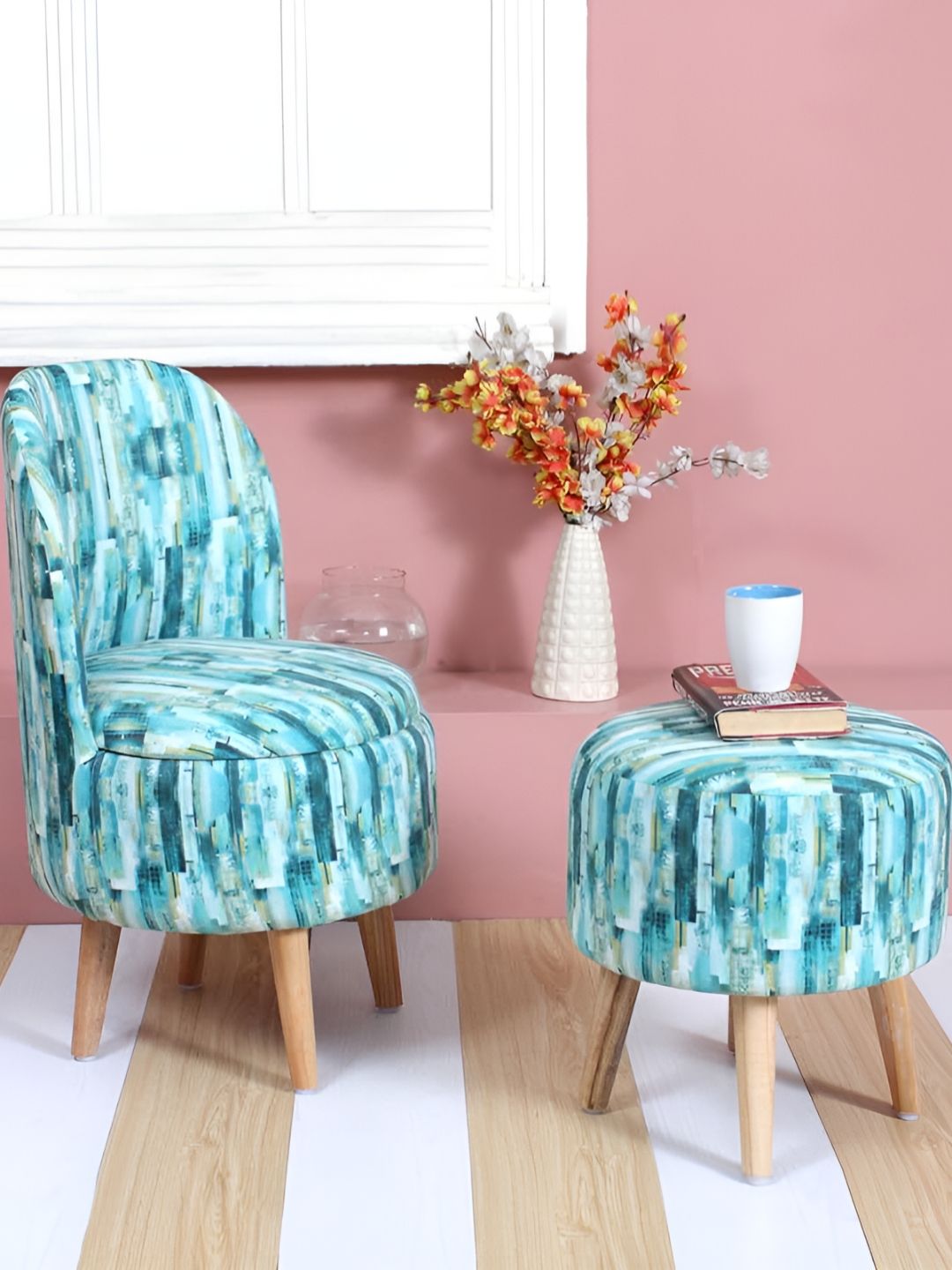 Shadowkart Set Of 2 Turquoise Blue Printed Wooden Pouffes Sitting Ottomans-picture-25