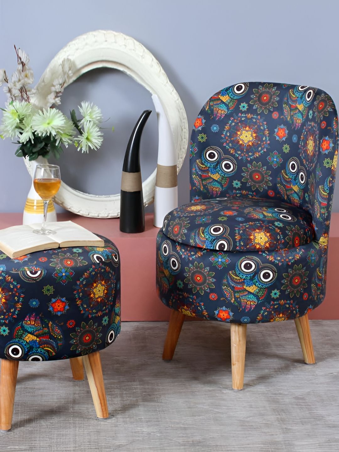Shadowkart 2Pc Blue Wooden Mudda Pouffe Ottoman-image-36