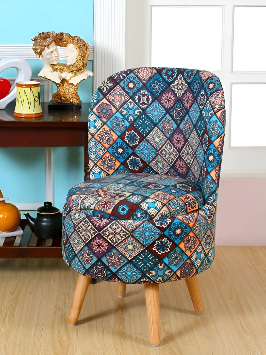 Shadowkart Blue & Brown Printed Wooden Cylindrical Shaped Ottomans-picture-13