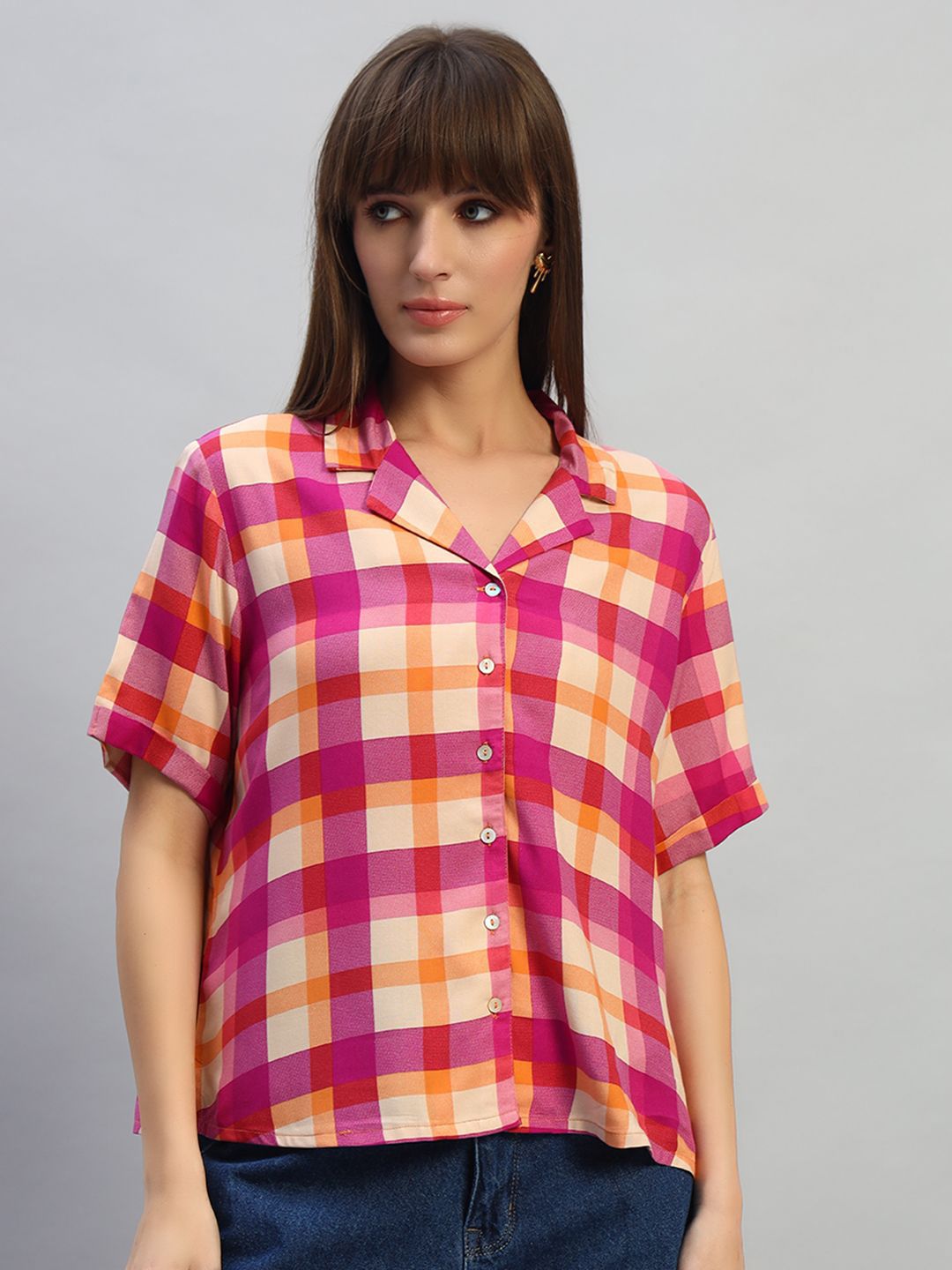 Cantabil Women Checked Lapel Collar Shirt Style Top-picture-32