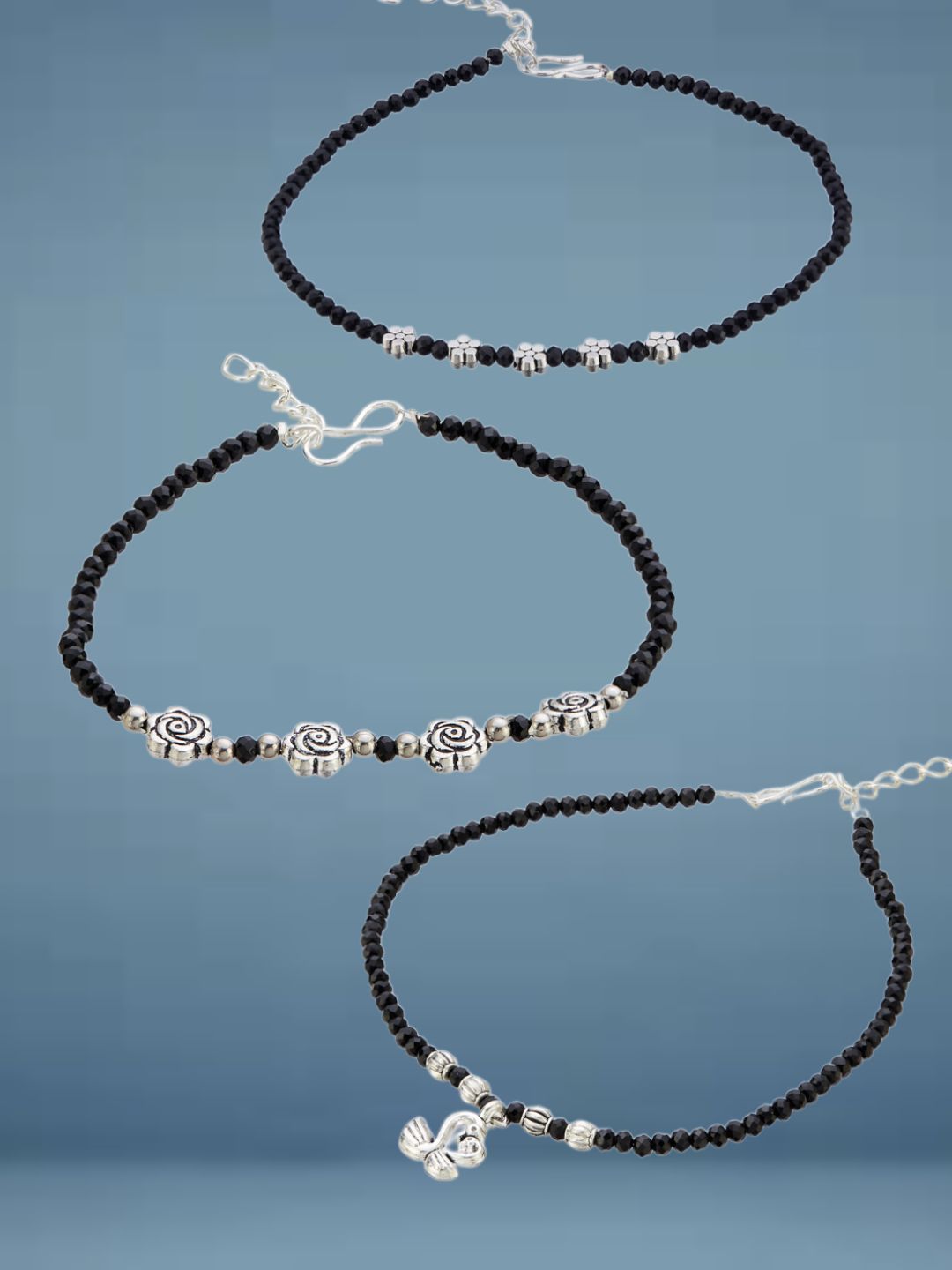 ATIBELLE Set Of 3  Silver-Plated Artificial Stones Studded And Beaded Anklet