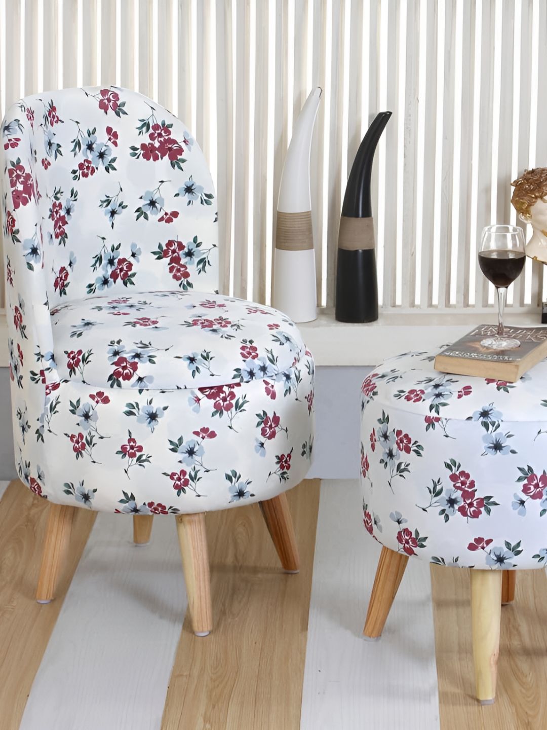 Shadowkart 2 Pcs White & Pink Printed Wooden Pouffe Ottoman-picture-20