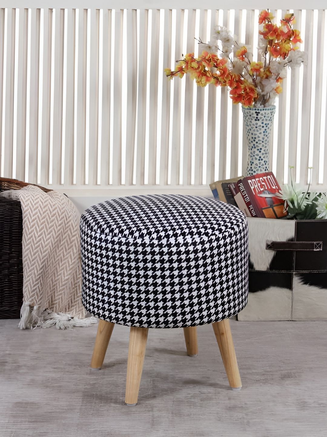 Shadowkart Black & White Wooden Mudda Pouffe Ottoman-picture-40