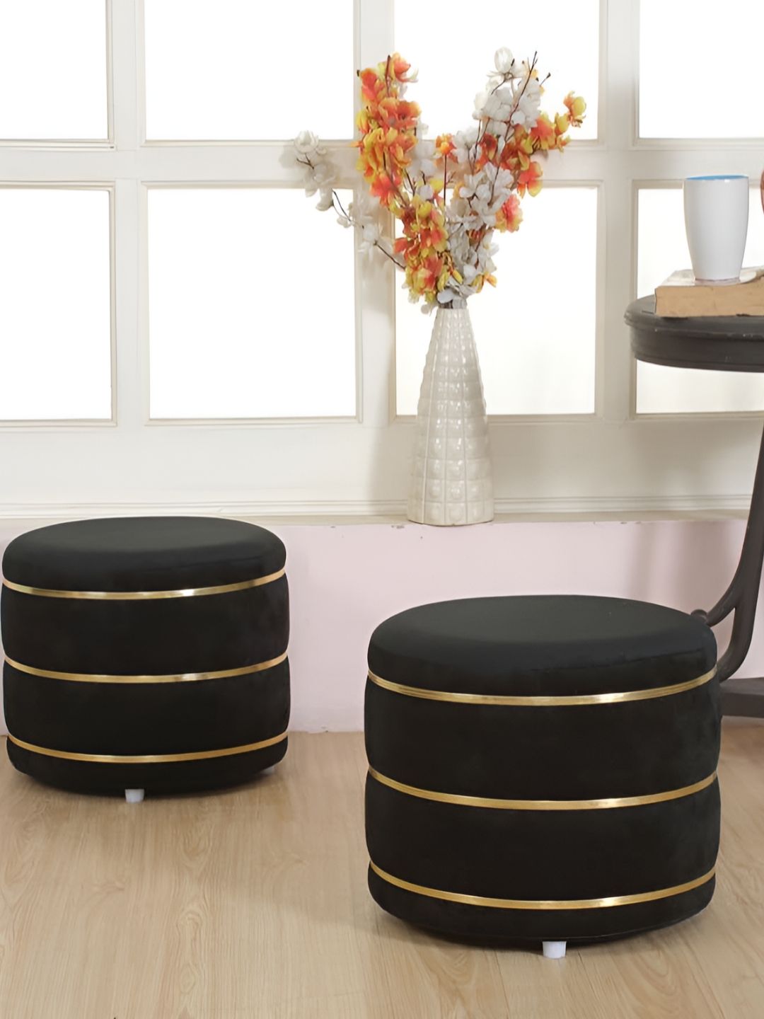 Shadowkart Set Of 2 Black Wooden Round Shaped Ottomans-picture-33