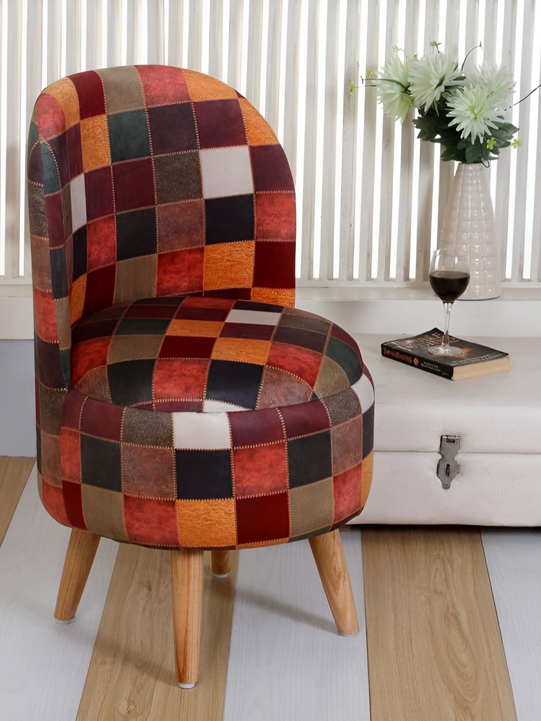 Shadowkart Red & Brown Checked Wooden Cylindrical Shaped Ottomans-picture-38