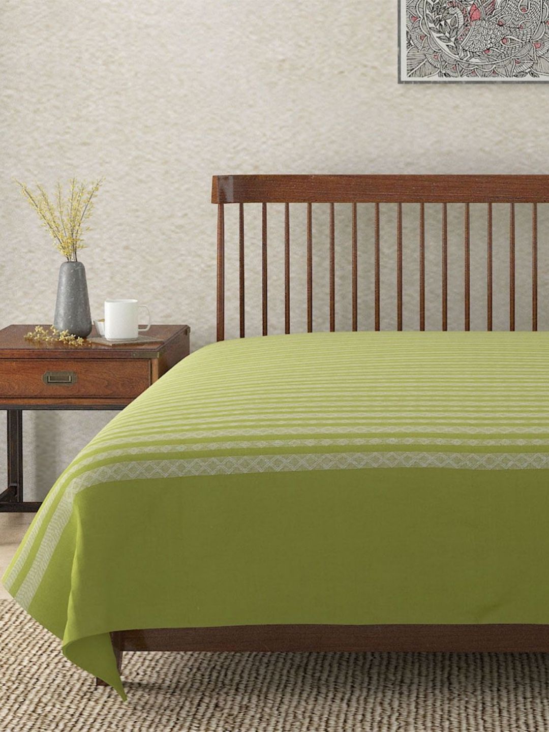 Fabindia Green & White Woven Designed 230 GSM King BedCover-picture-31