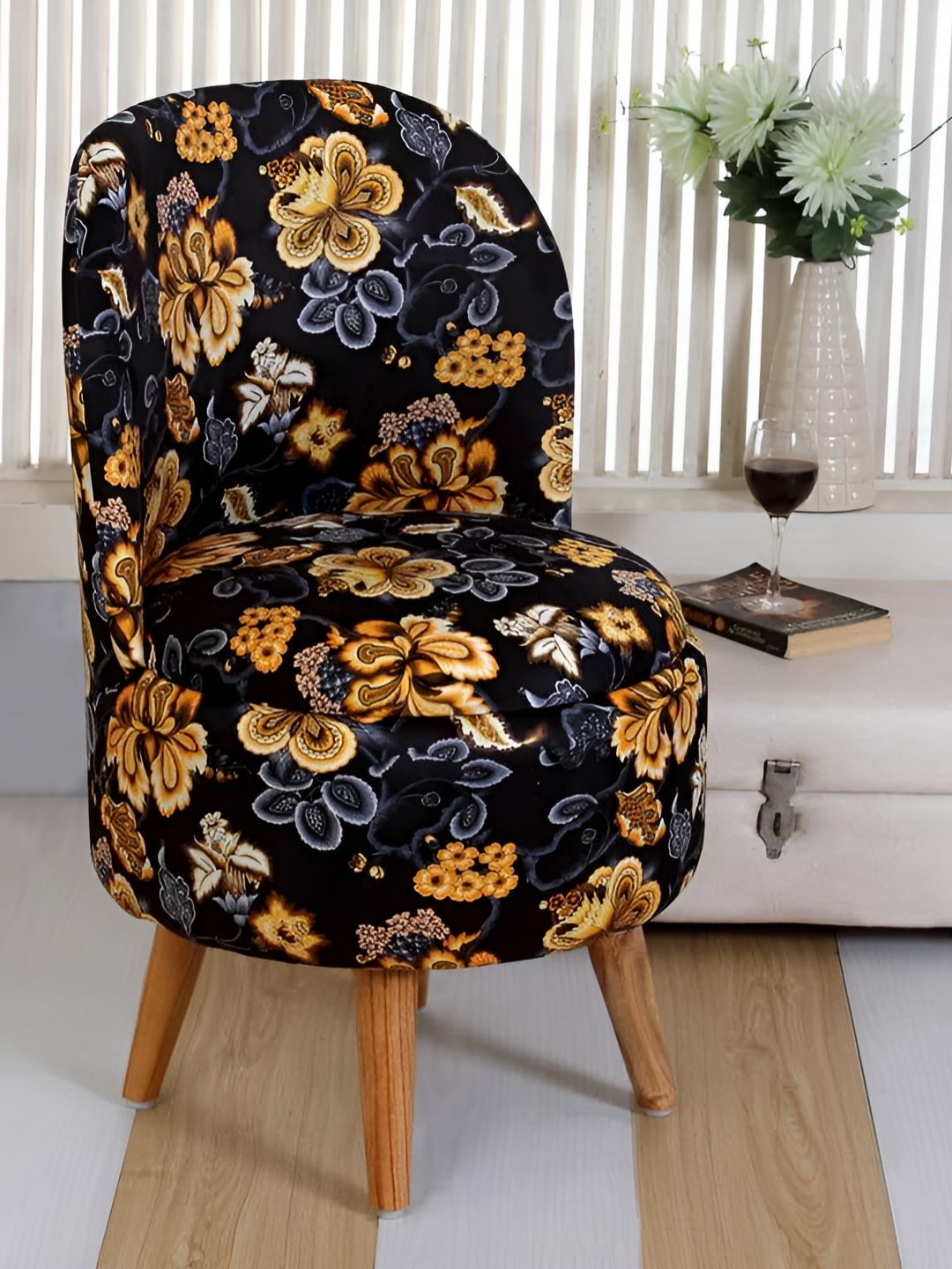 Shadowkart Black & Yellow Printed Wooden Pouffe Ottoman-image-40