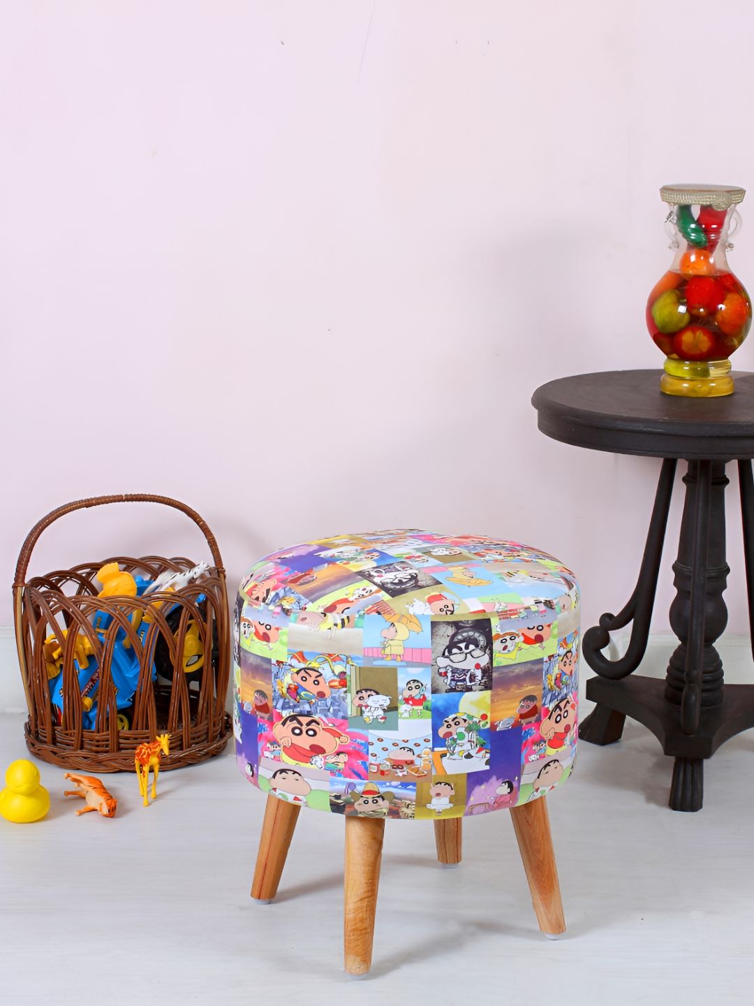 Shadowkart Blue & Red Graphic Printed Wooden Round Shaped Ottomans-picture-14