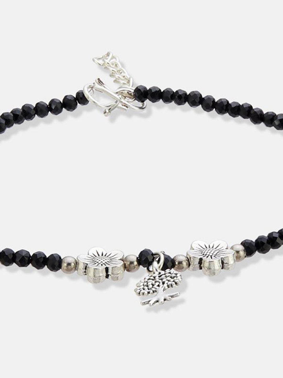 ATIBELLE Set Of 3  Silver-Plated Artificial Stones Studded And Beaded Anklet